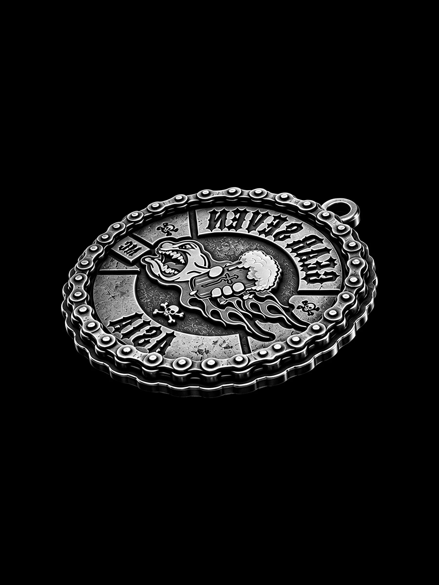 Custom flaming beer wolf motorcycle club pendant craftsmanship reference, detail view 11
