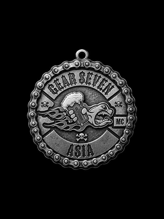 Custom flaming beer wolf motorcycle club pendant craftsmanship reference, front view