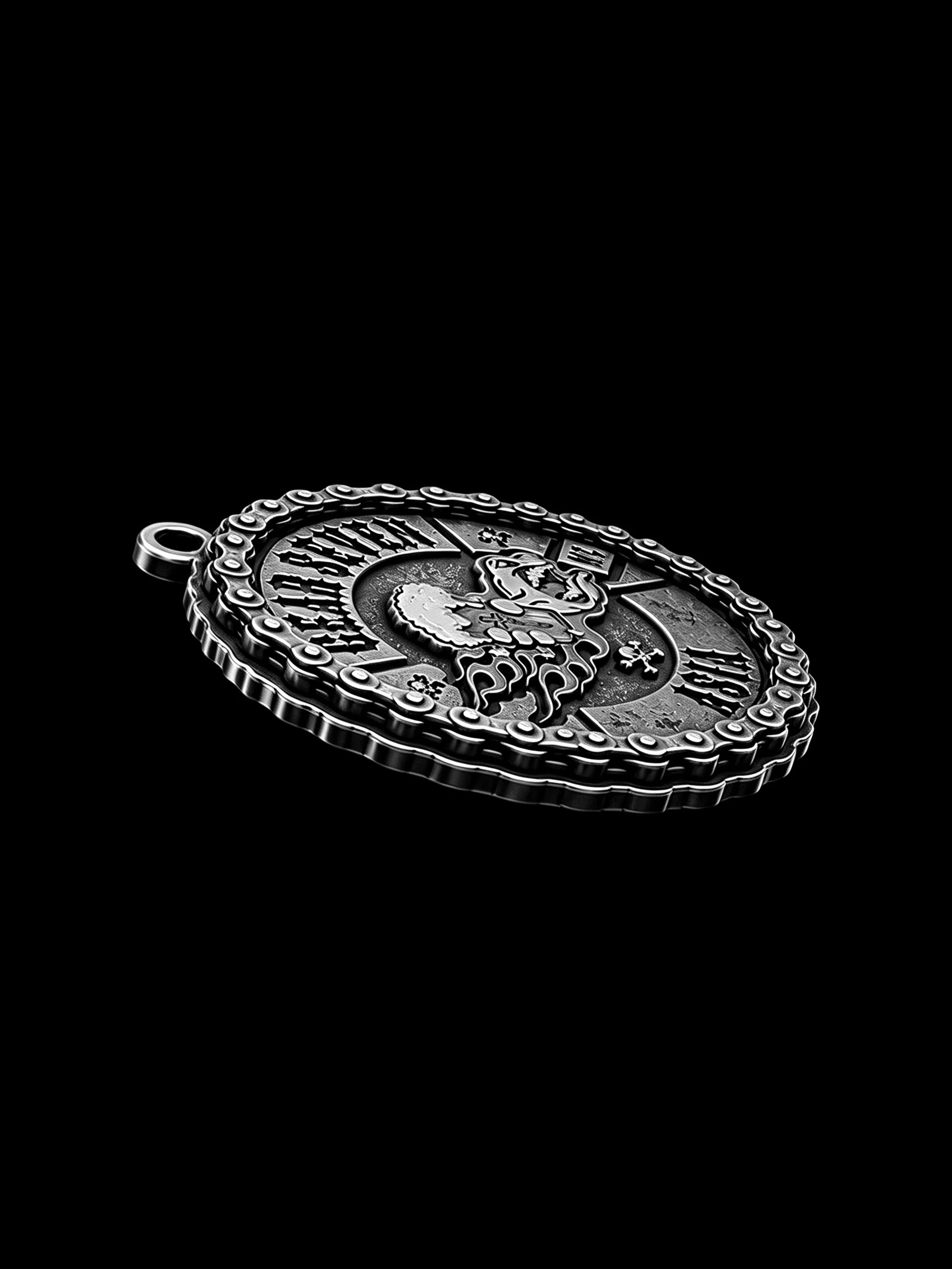 Custom flaming beer wolf motorcycle club pendant craftsmanship reference, left angle