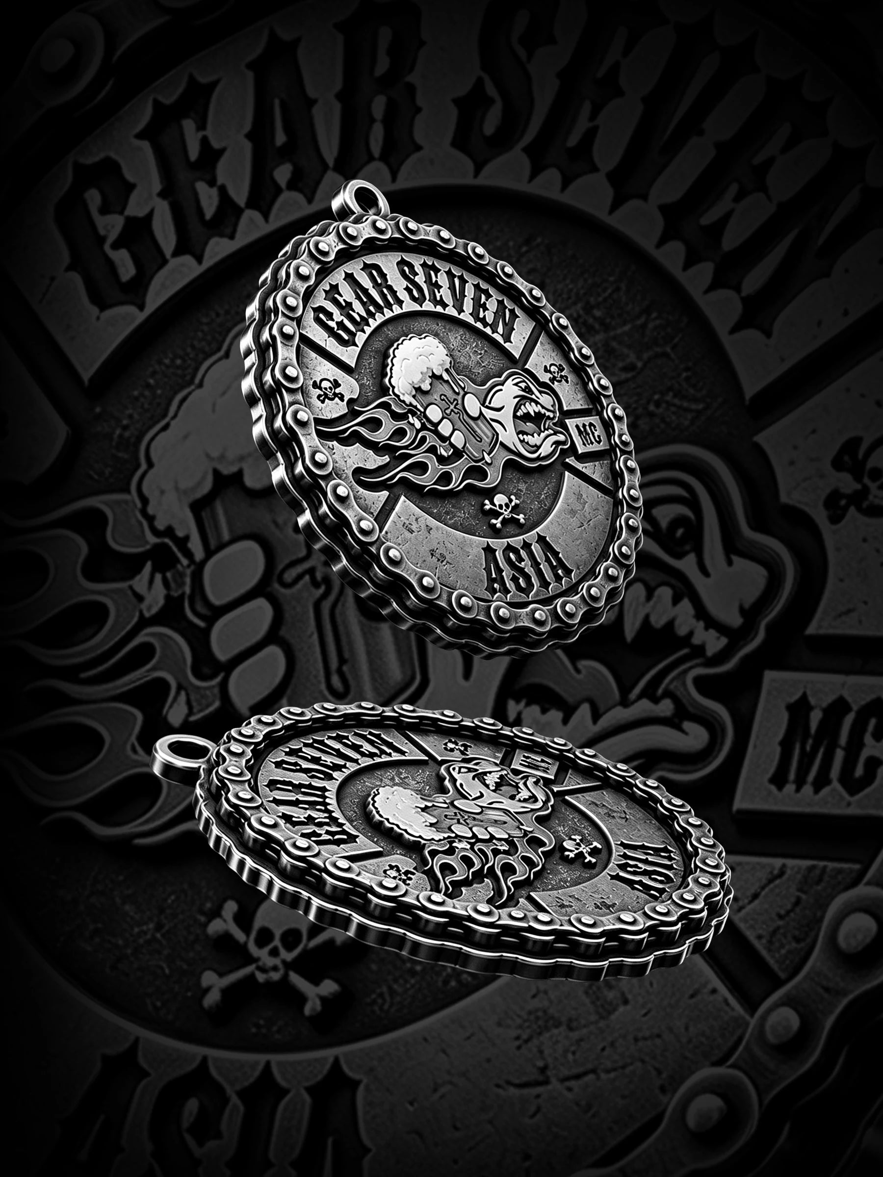 Custom flaming beer wolf motorcycle club pendant craftsmanship reference, paired display