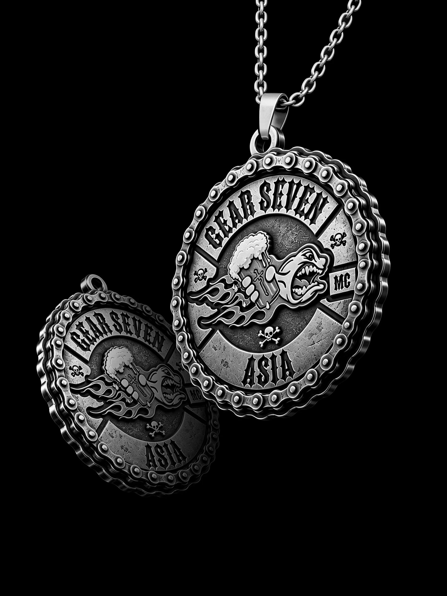Custom flaming beer wolf motorcycle club pendant craftsmanship reference, raised relief detail