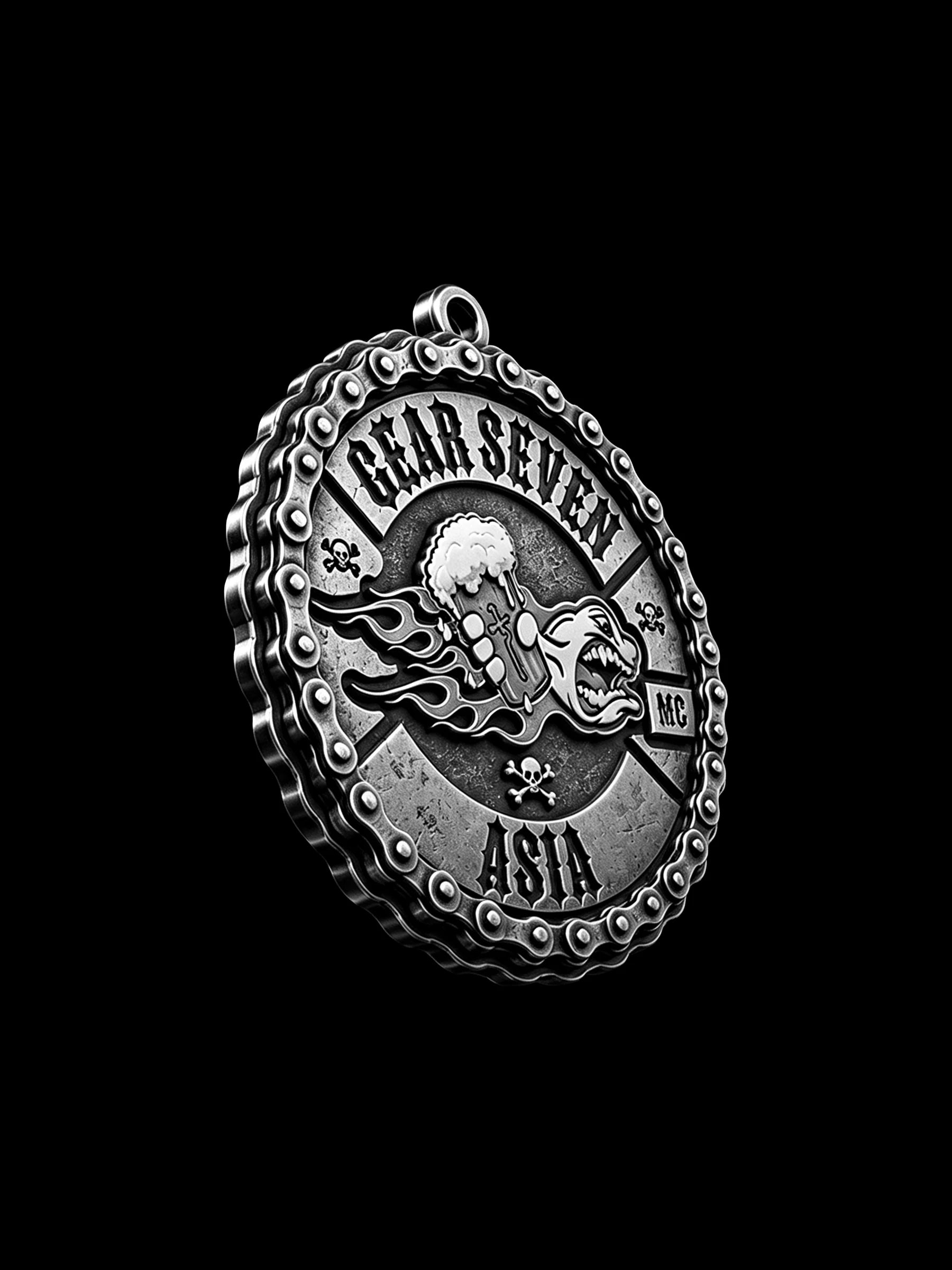 Custom flaming beer wolf motorcycle club pendant craftsmanship reference, right angle