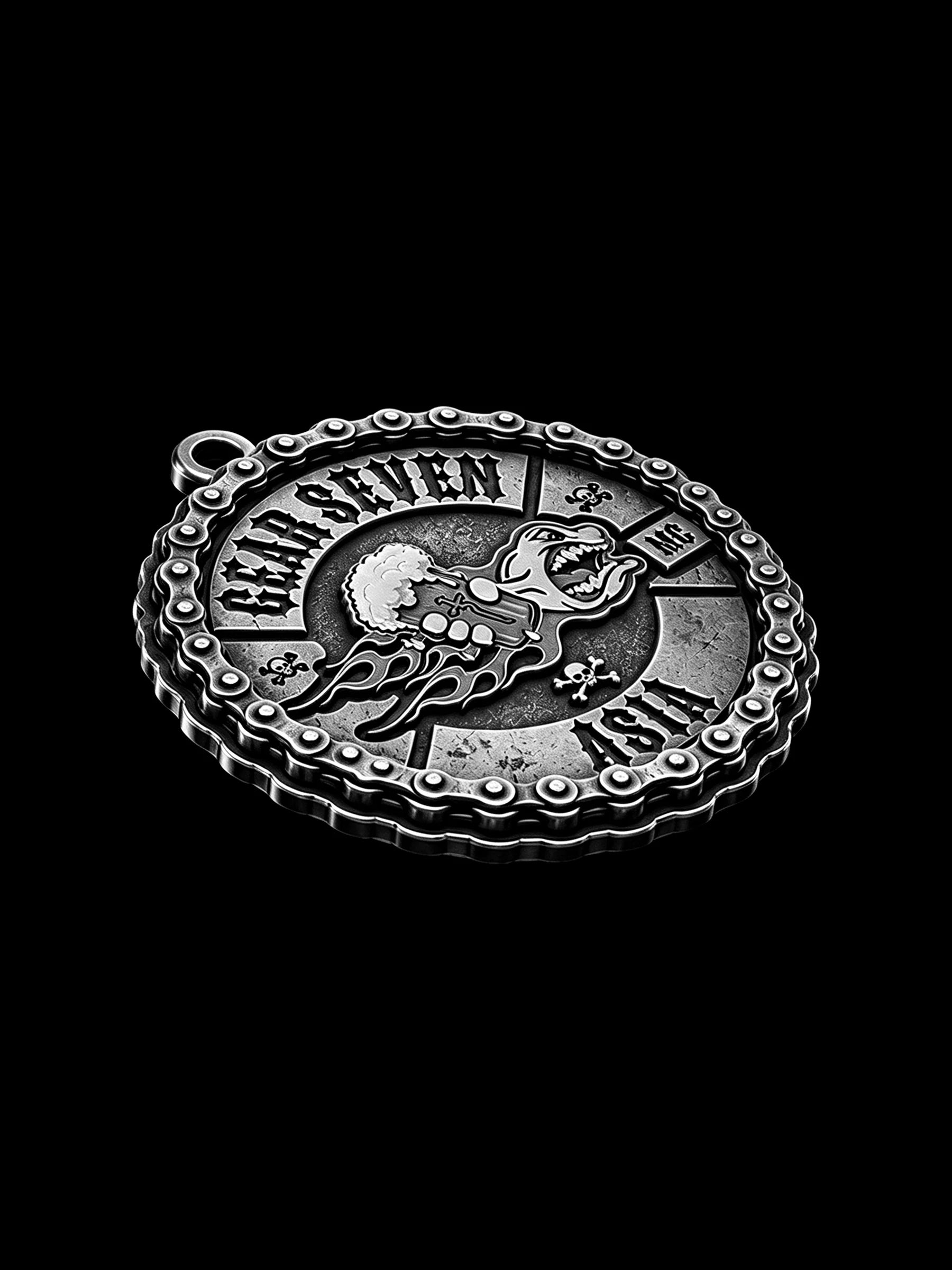 Custom flaming beer wolf motorcycle club pendant craftsmanship reference, side profile