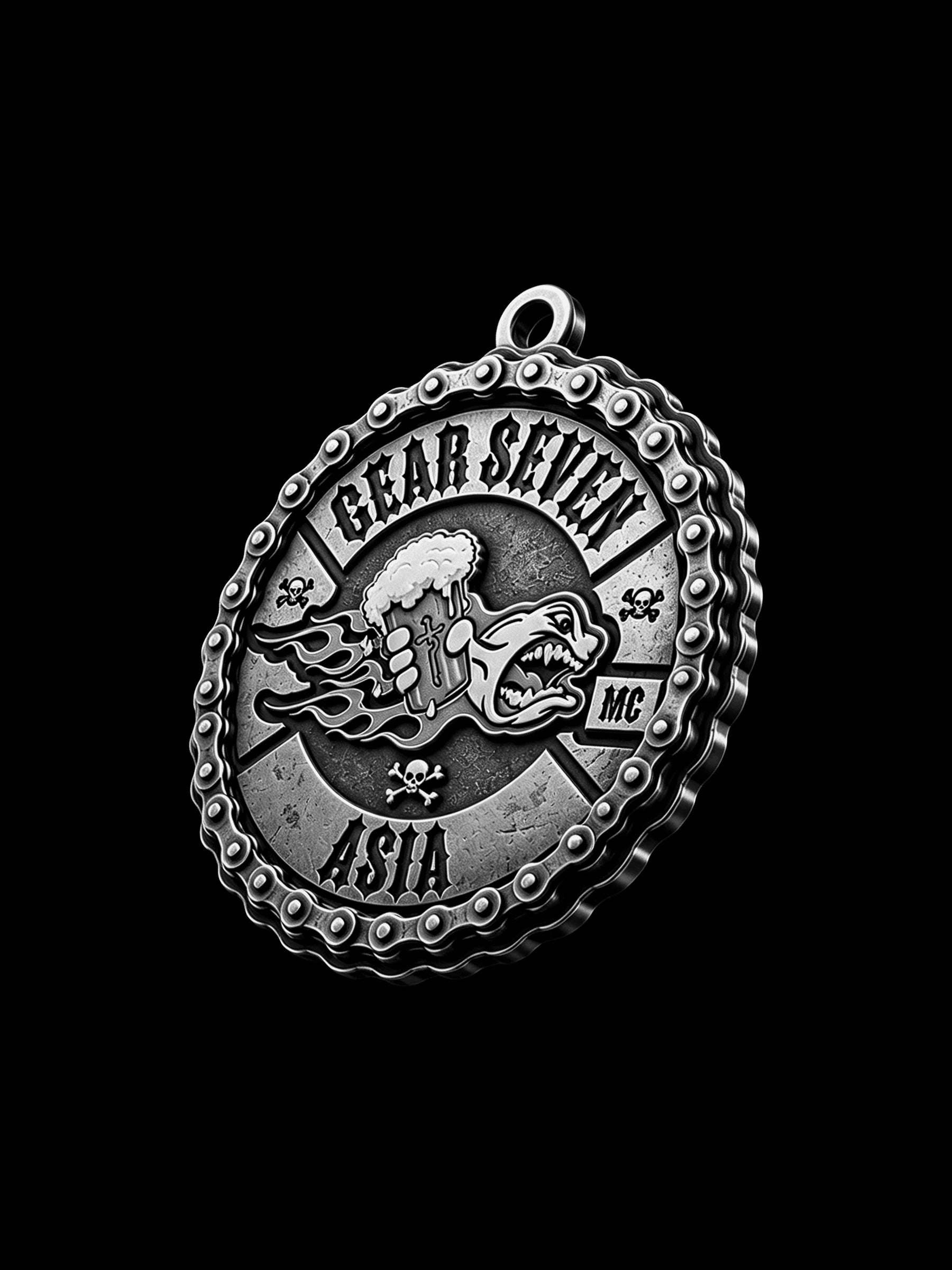 Custom flaming beer wolf motorcycle club pendant craftsmanship reference, three quarter view