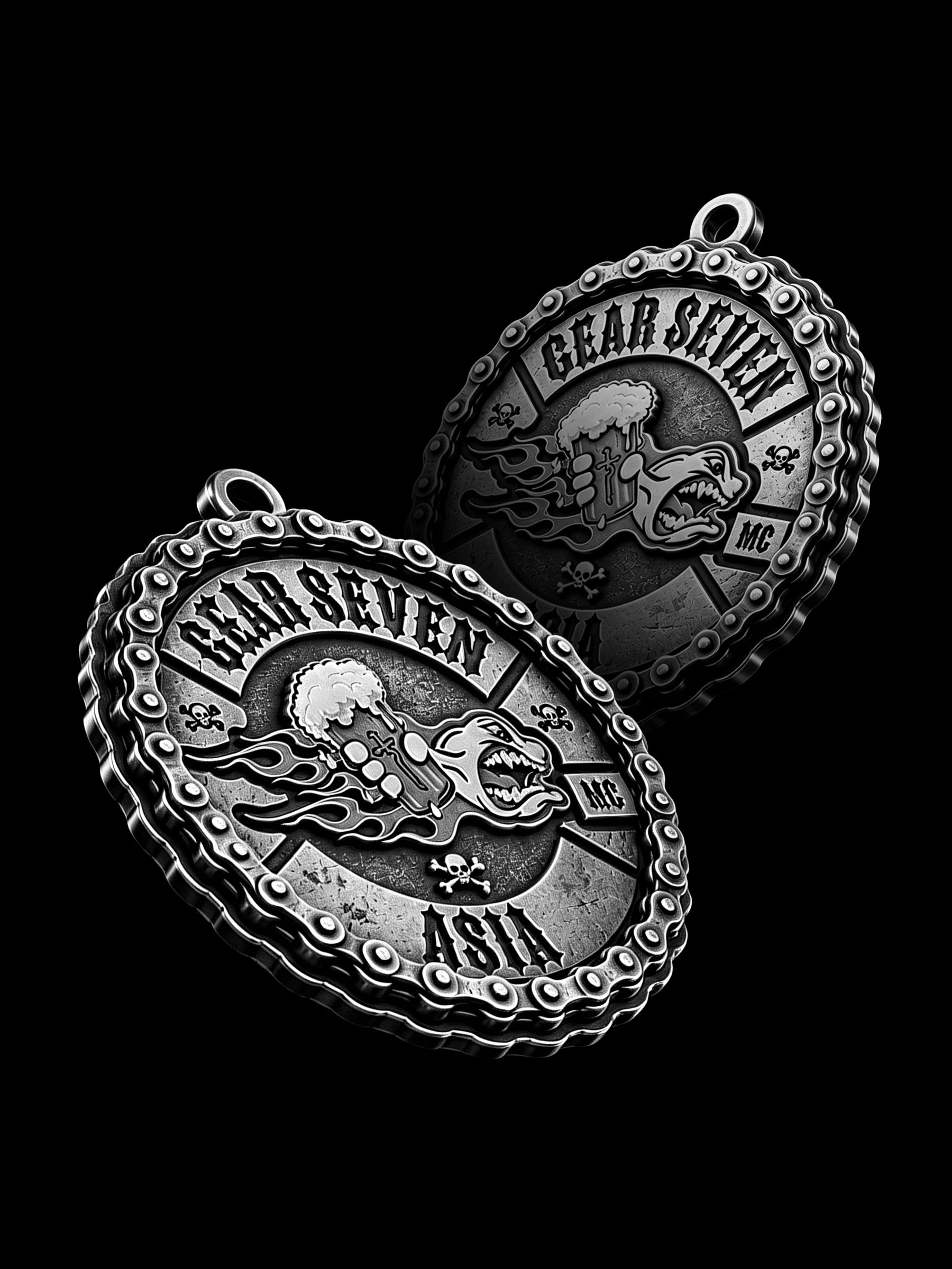 Custom flaming beer wolf motorcycle club pendant craftsmanship reference, with chain