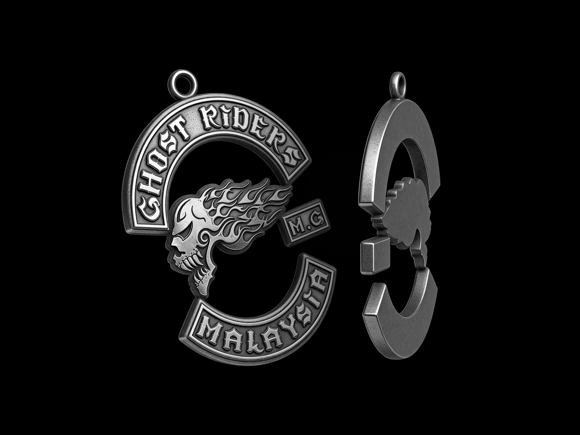 Custom flaming skull motorcycle club pendant craftsmanship reference, back and front