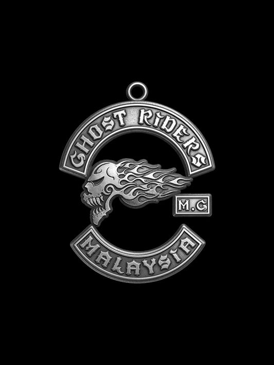 Custom flaming skull motorcycle club pendant craftsmanship reference, front view
