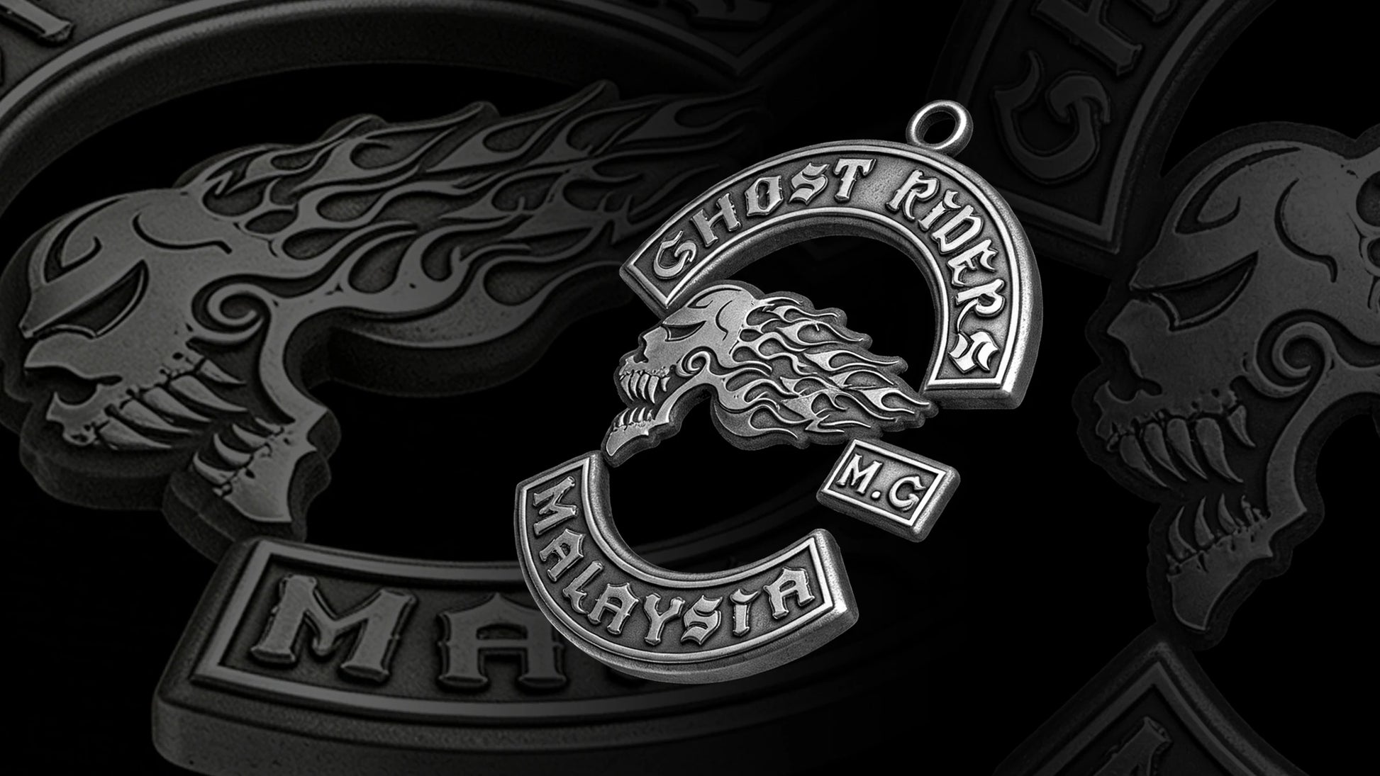 Custom flaming skull motorcycle club pendant craftsmanship reference, gallery layout