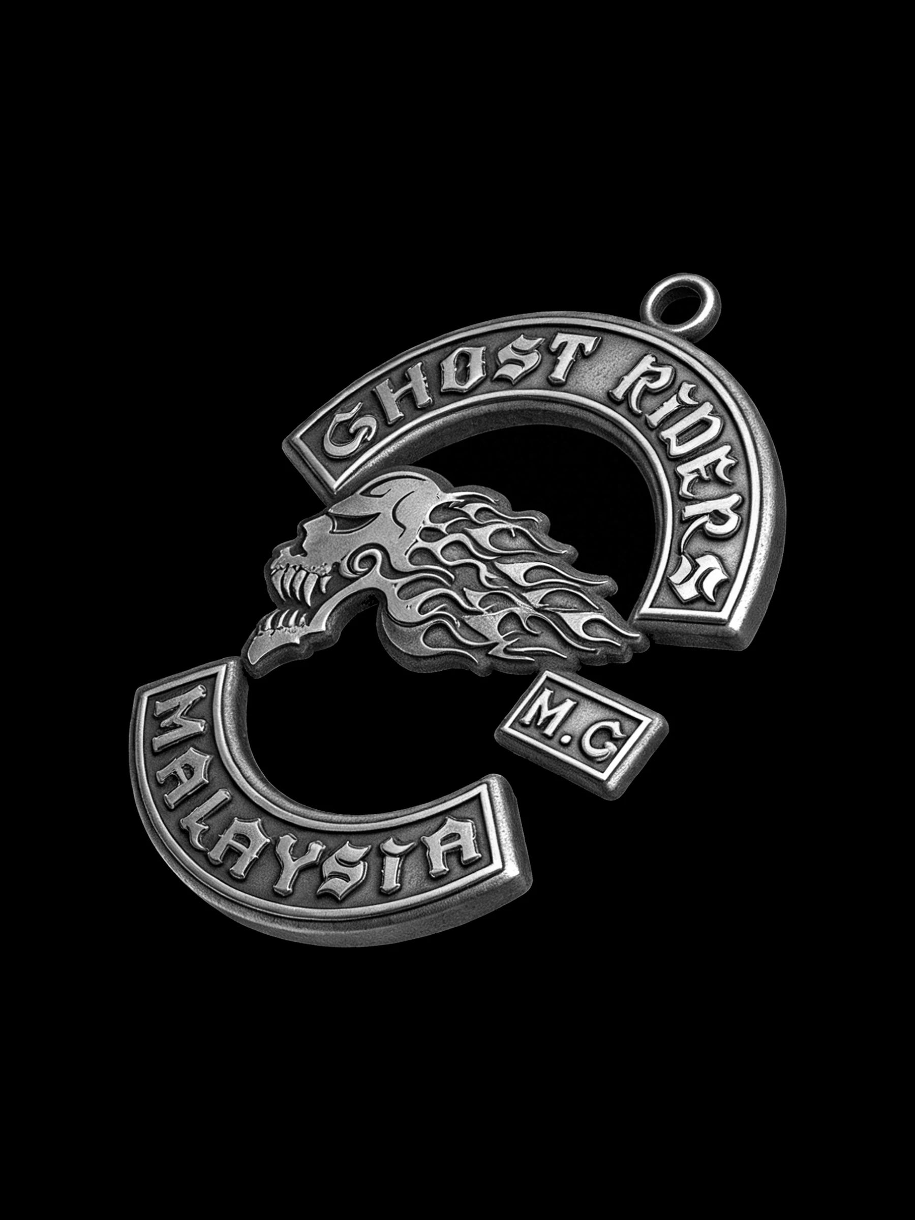 Custom flaming skull motorcycle club pendant craftsmanship reference, left angle