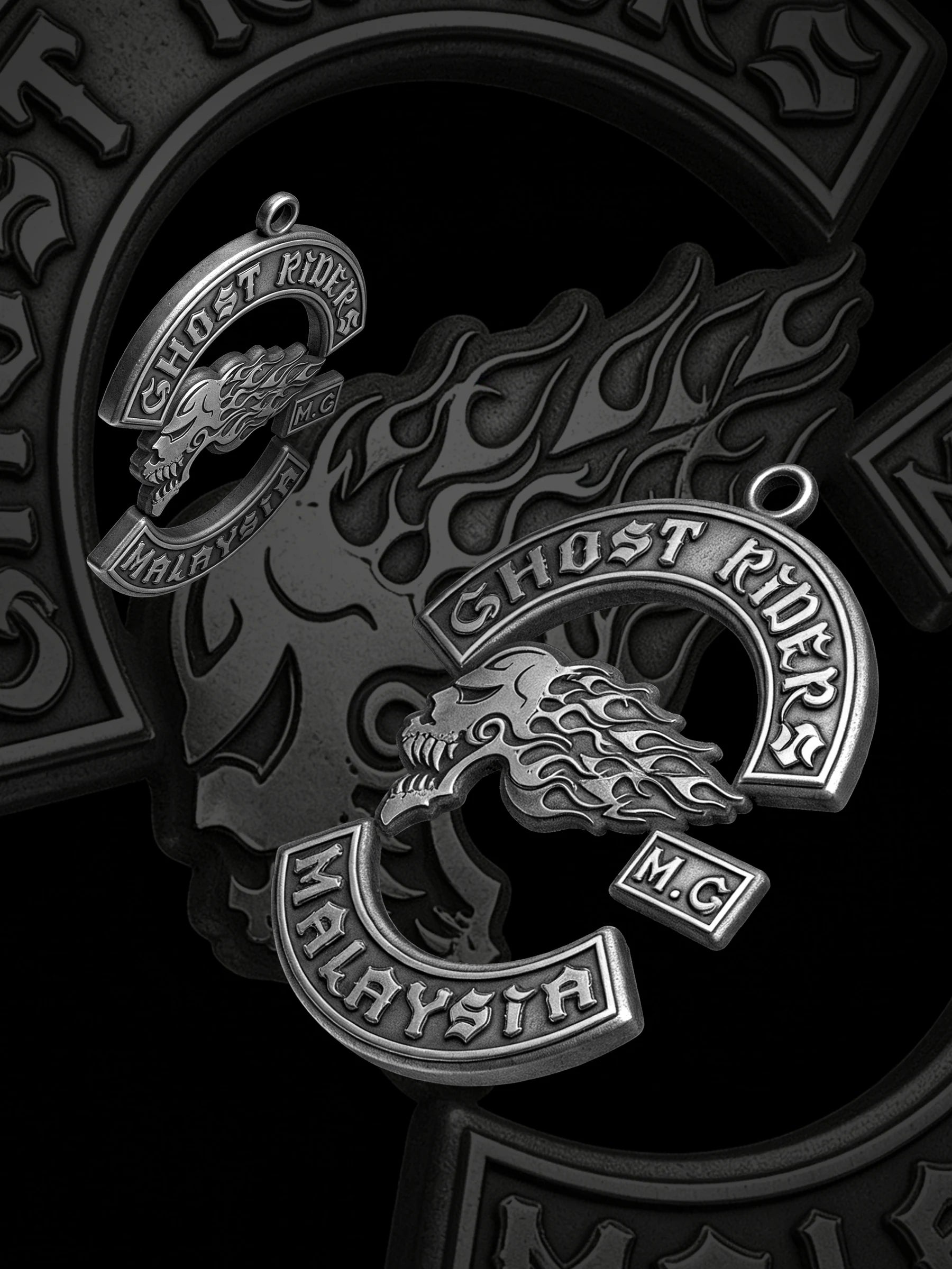 Custom flaming skull motorcycle club pendant craftsmanship reference, paired display