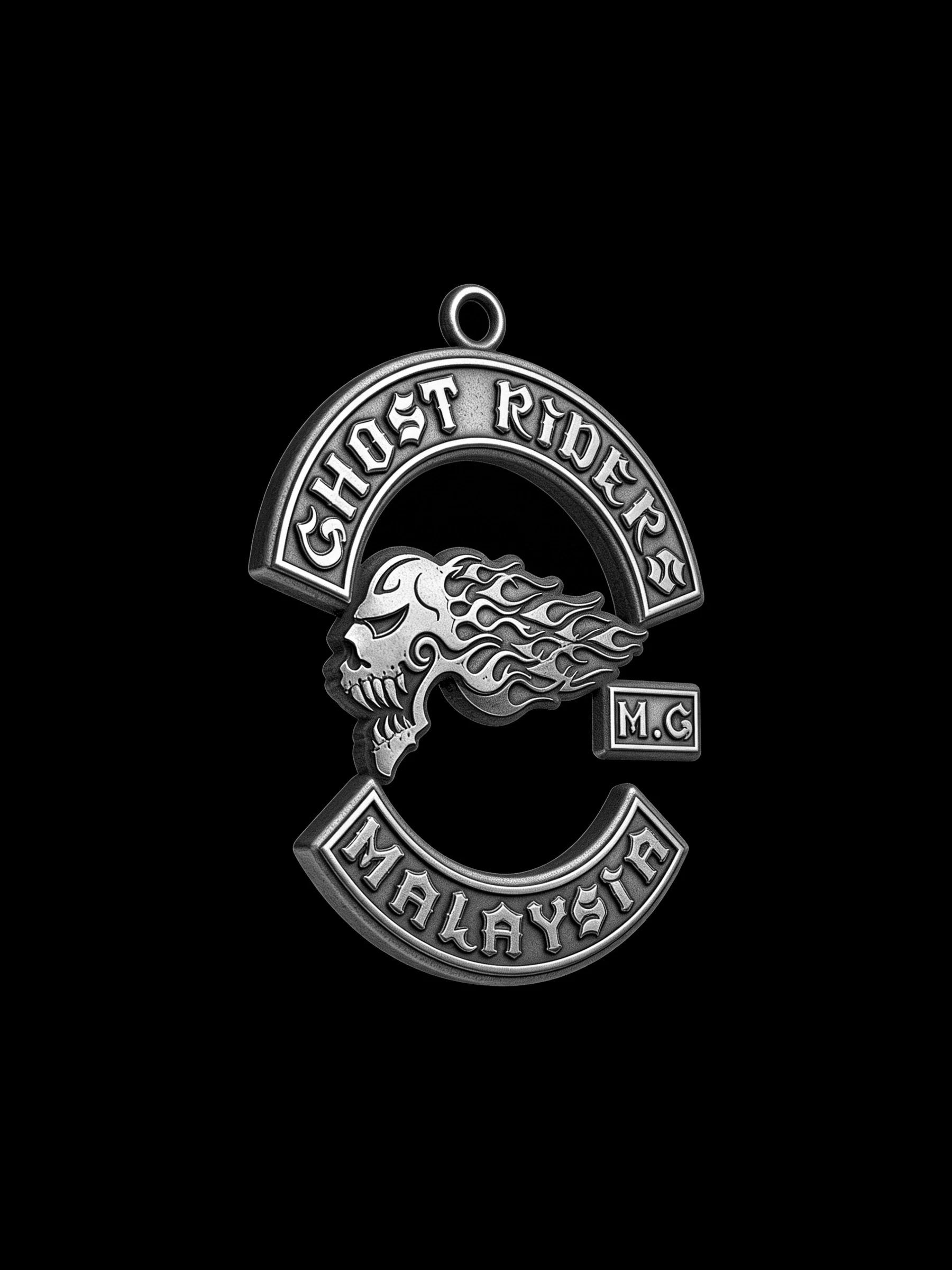 Custom flaming skull motorcycle club pendant craftsmanship reference, right angle
