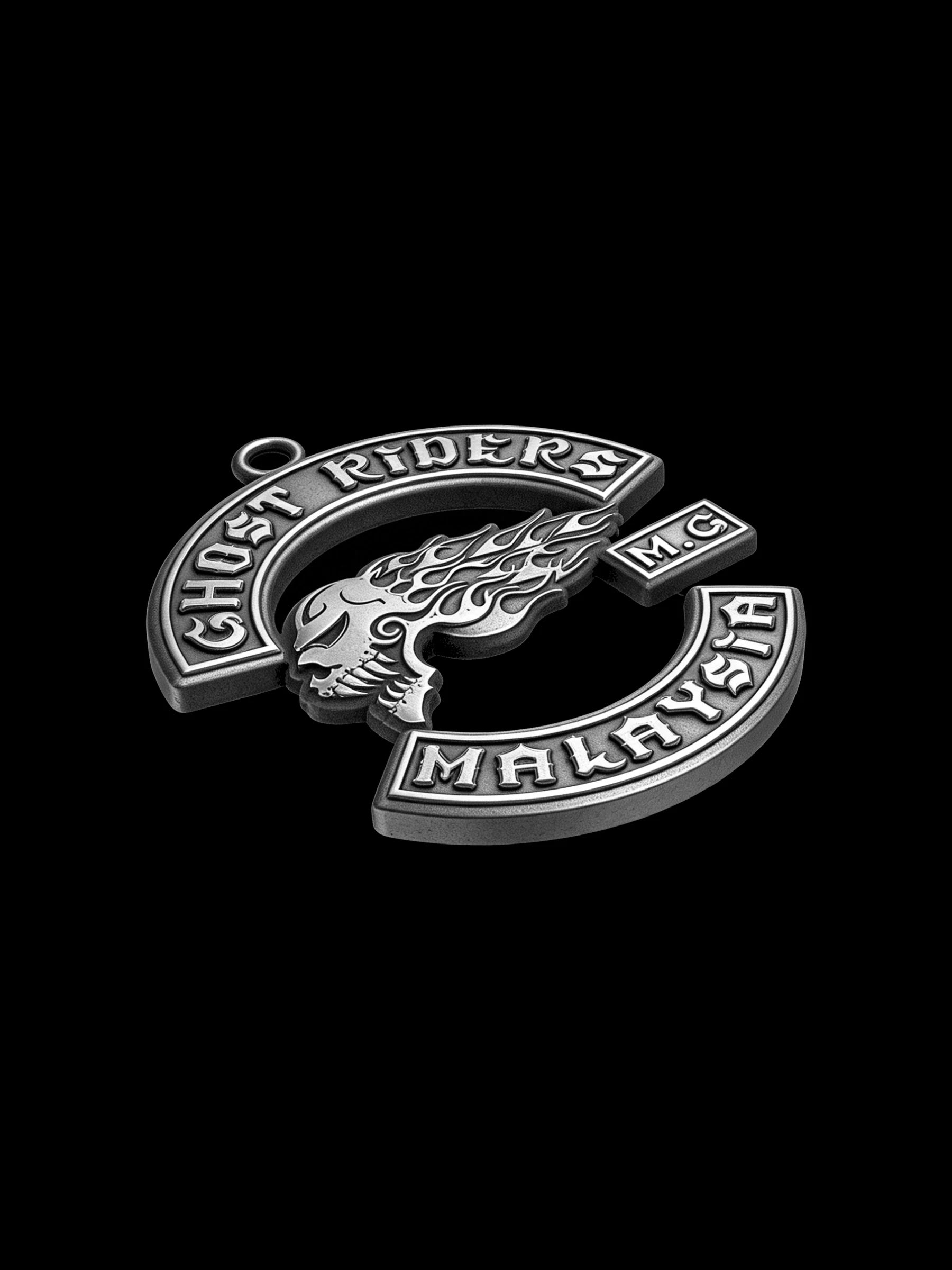 Custom flaming skull motorcycle club pendant craftsmanship reference, side profile