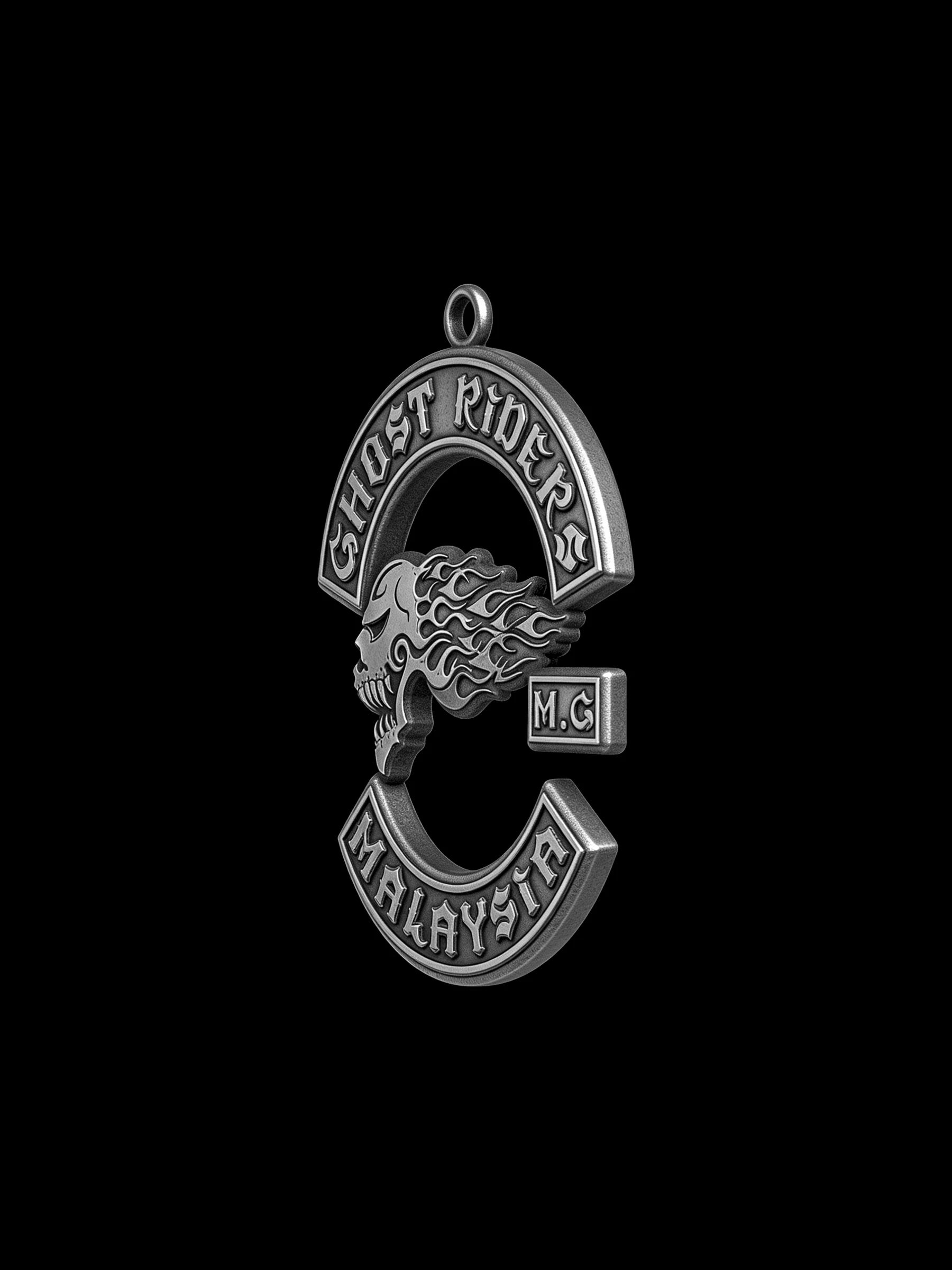 Custom flaming skull motorcycle club pendant craftsmanship reference, three quarter view