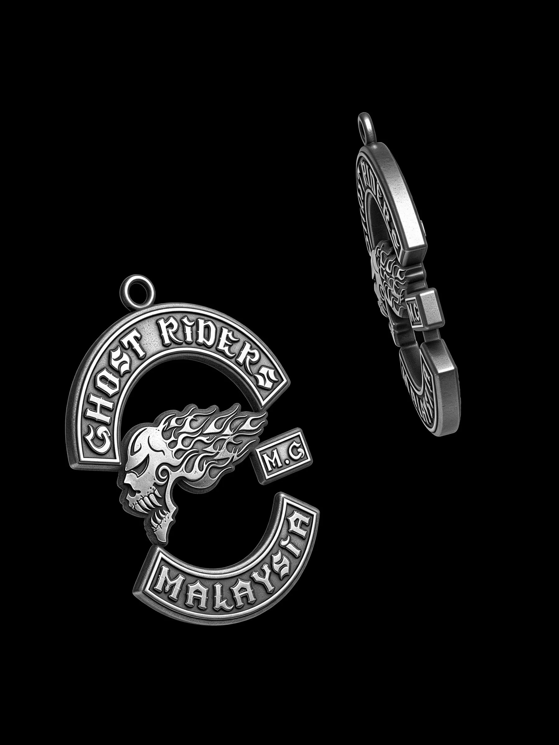 Custom flaming skull motorcycle club pendant craftsmanship reference, with chain