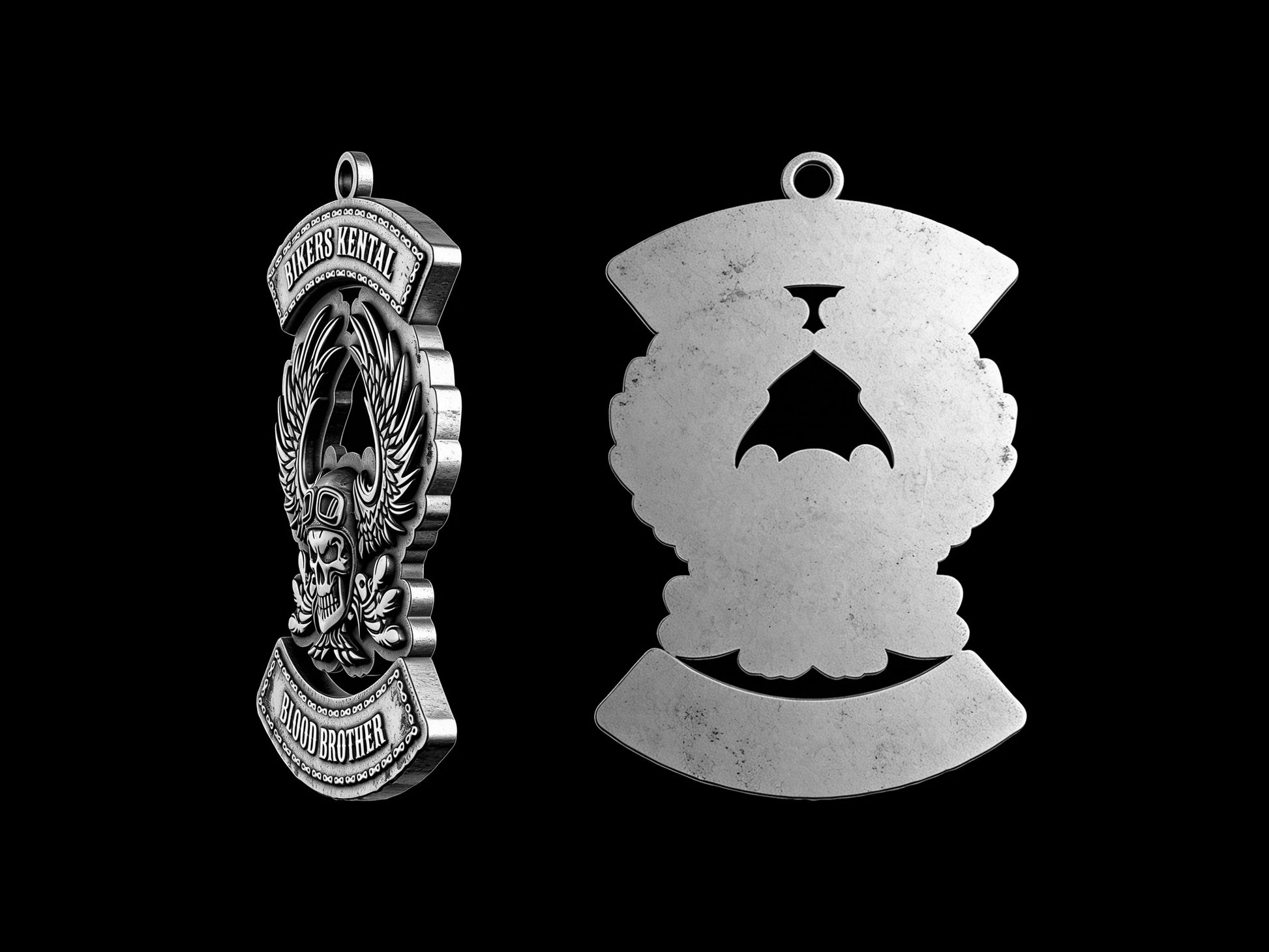 Custom flaming winged skull motorcycle club pendant craftsmanship reference, back and front