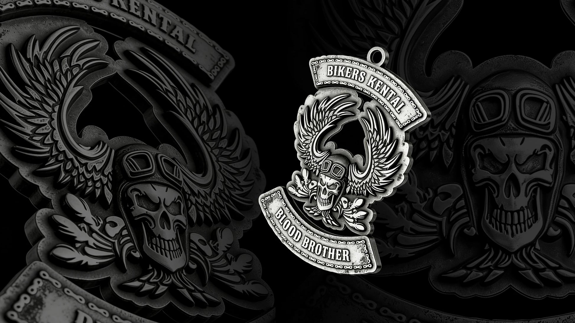 Custom flaming winged skull motorcycle club pendant craftsmanship reference, gallery layout