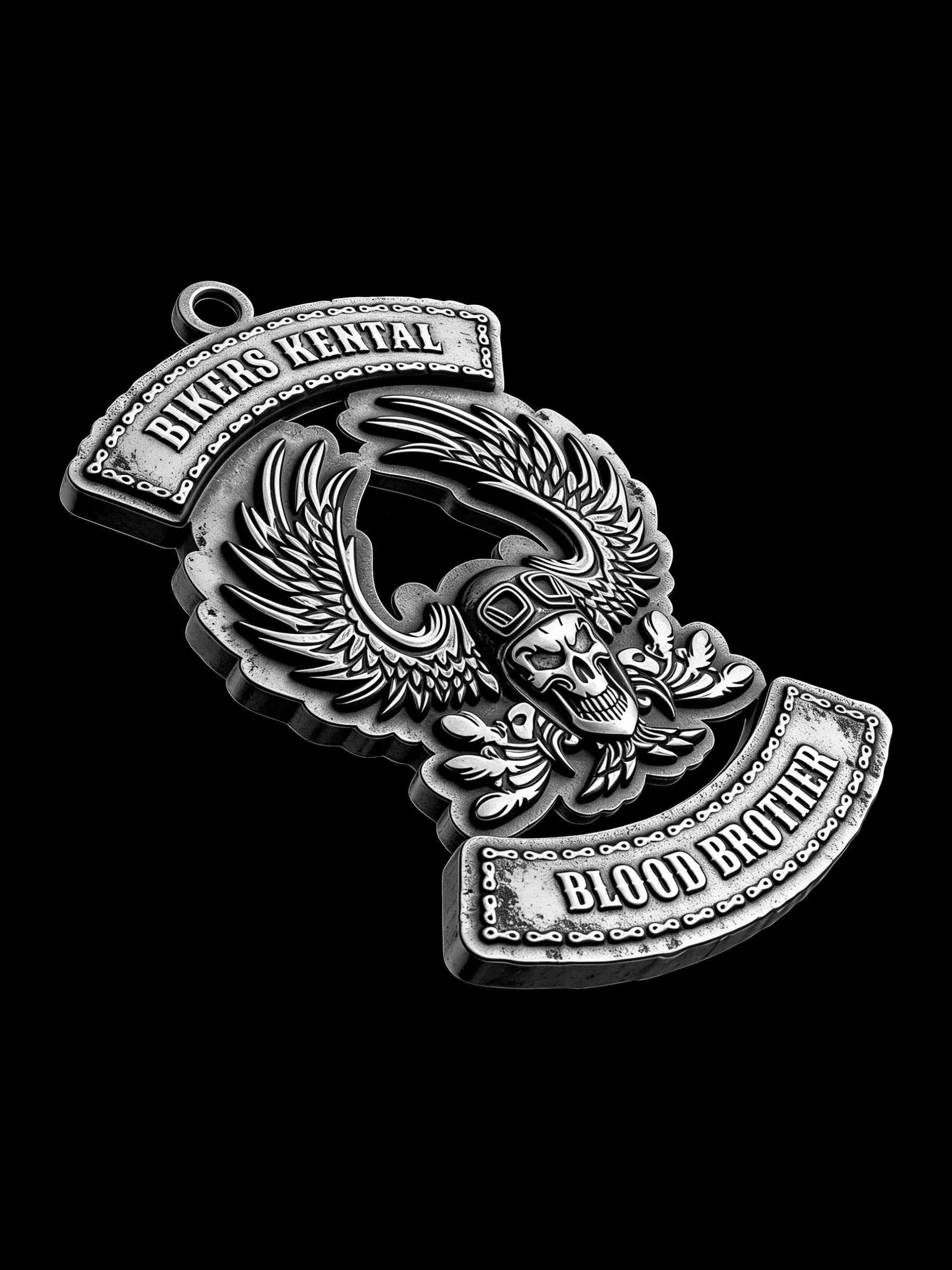 Custom flaming winged skull motorcycle club pendant craftsmanship reference, left angle
