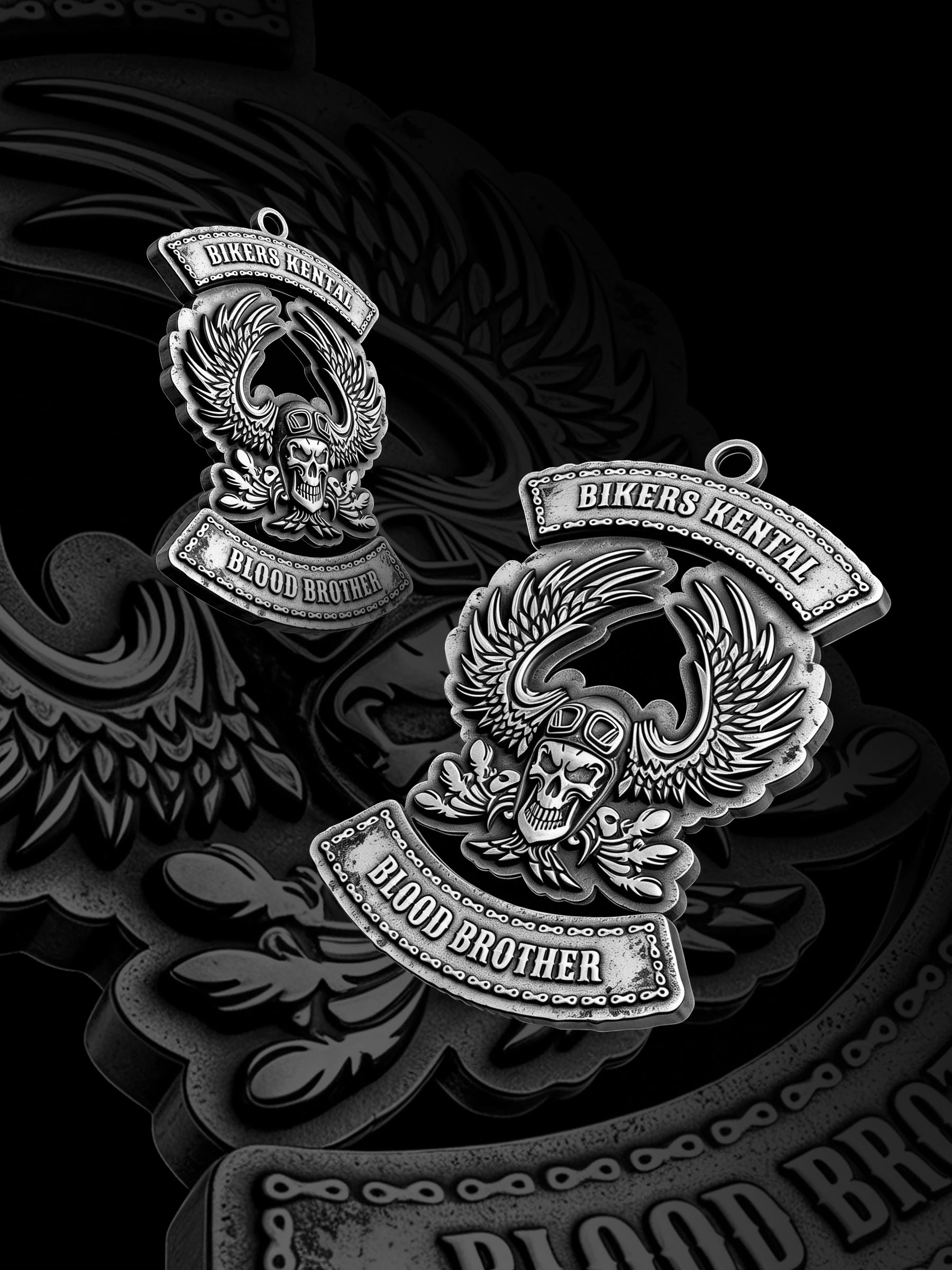 Custom flaming winged skull motorcycle club pendant craftsmanship reference, paired display