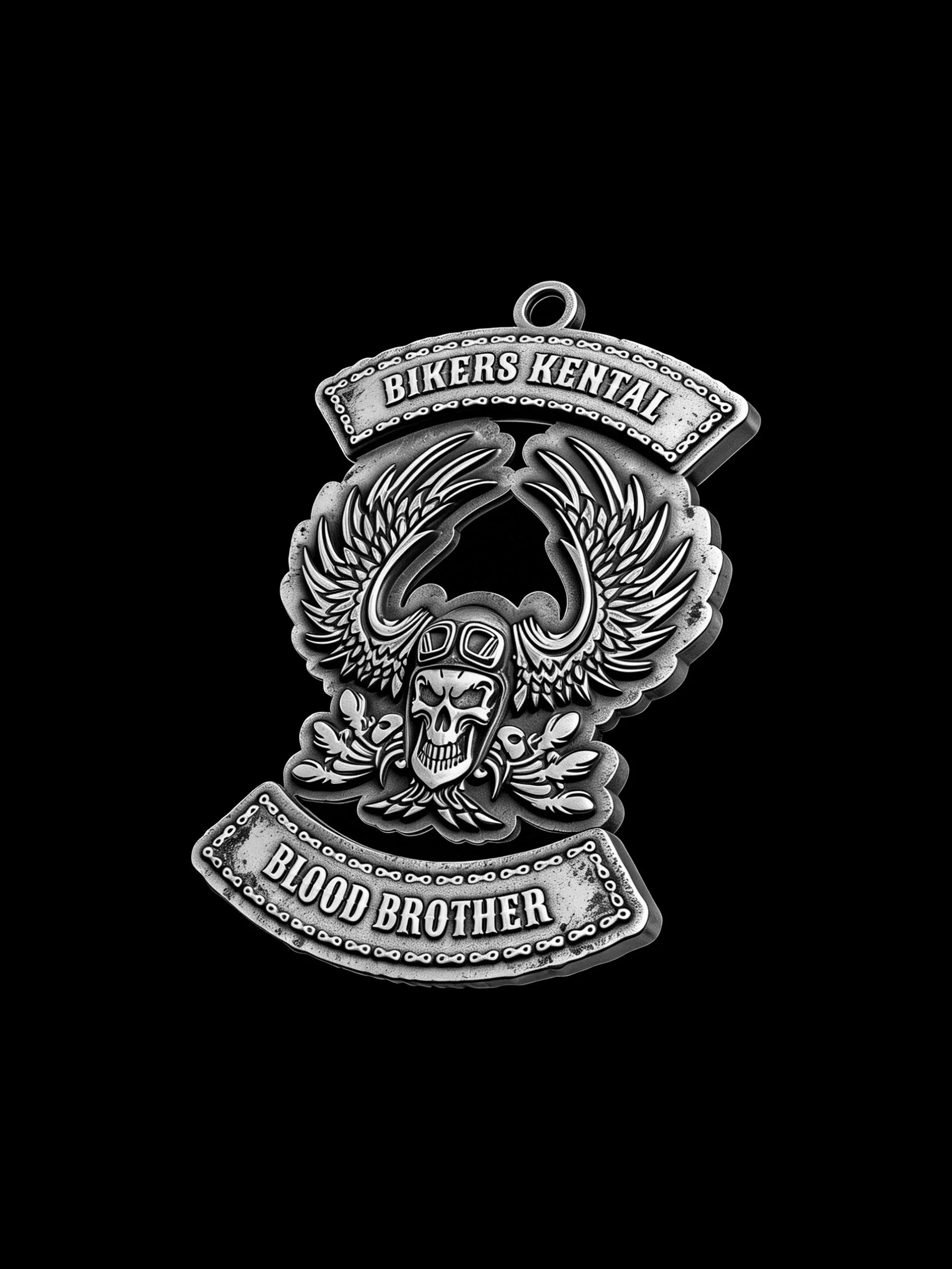 Custom flaming winged skull motorcycle club pendant craftsmanship reference, right angle