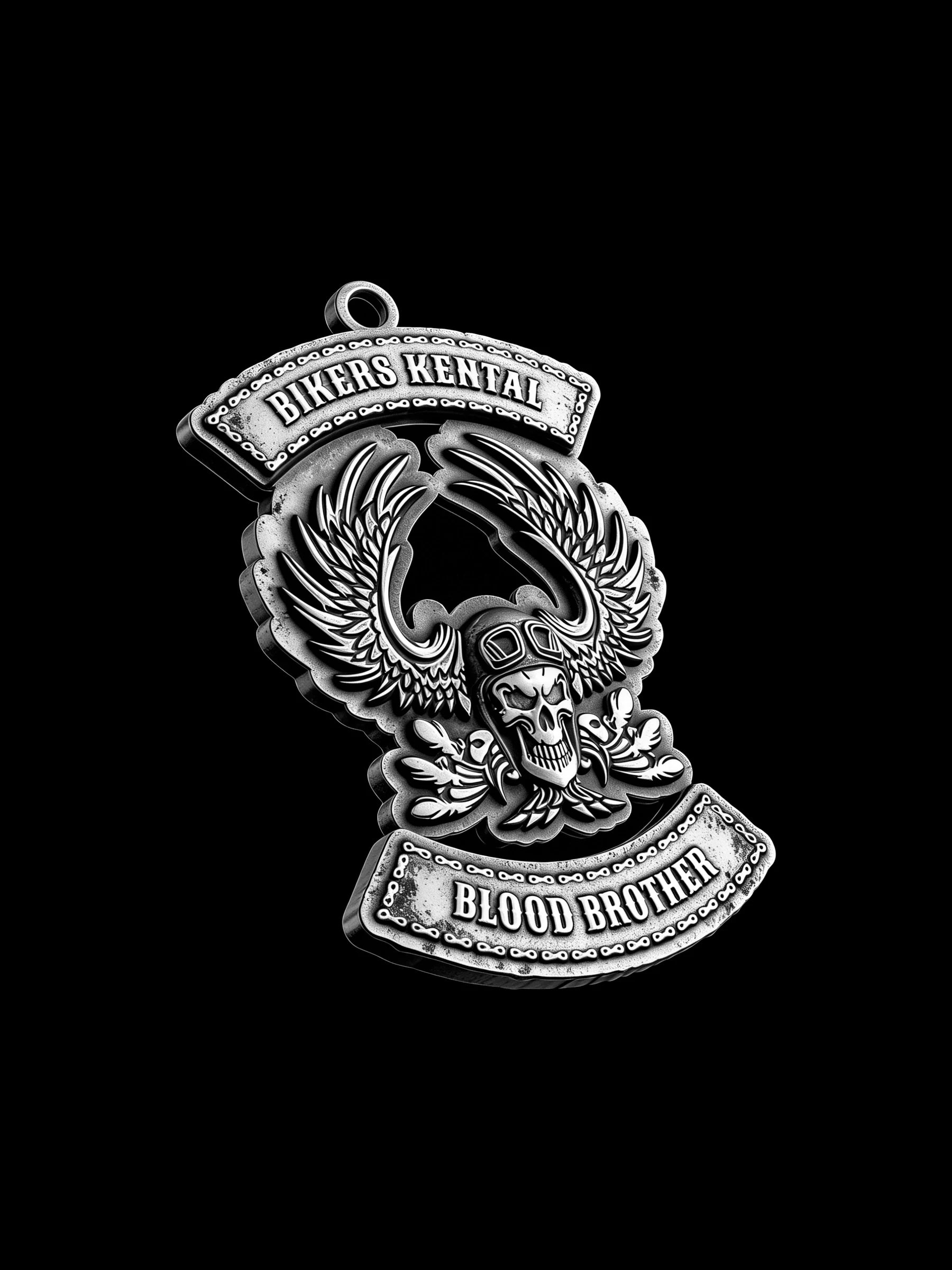 Custom flaming winged skull motorcycle club pendant craftsmanship reference, three quarter view