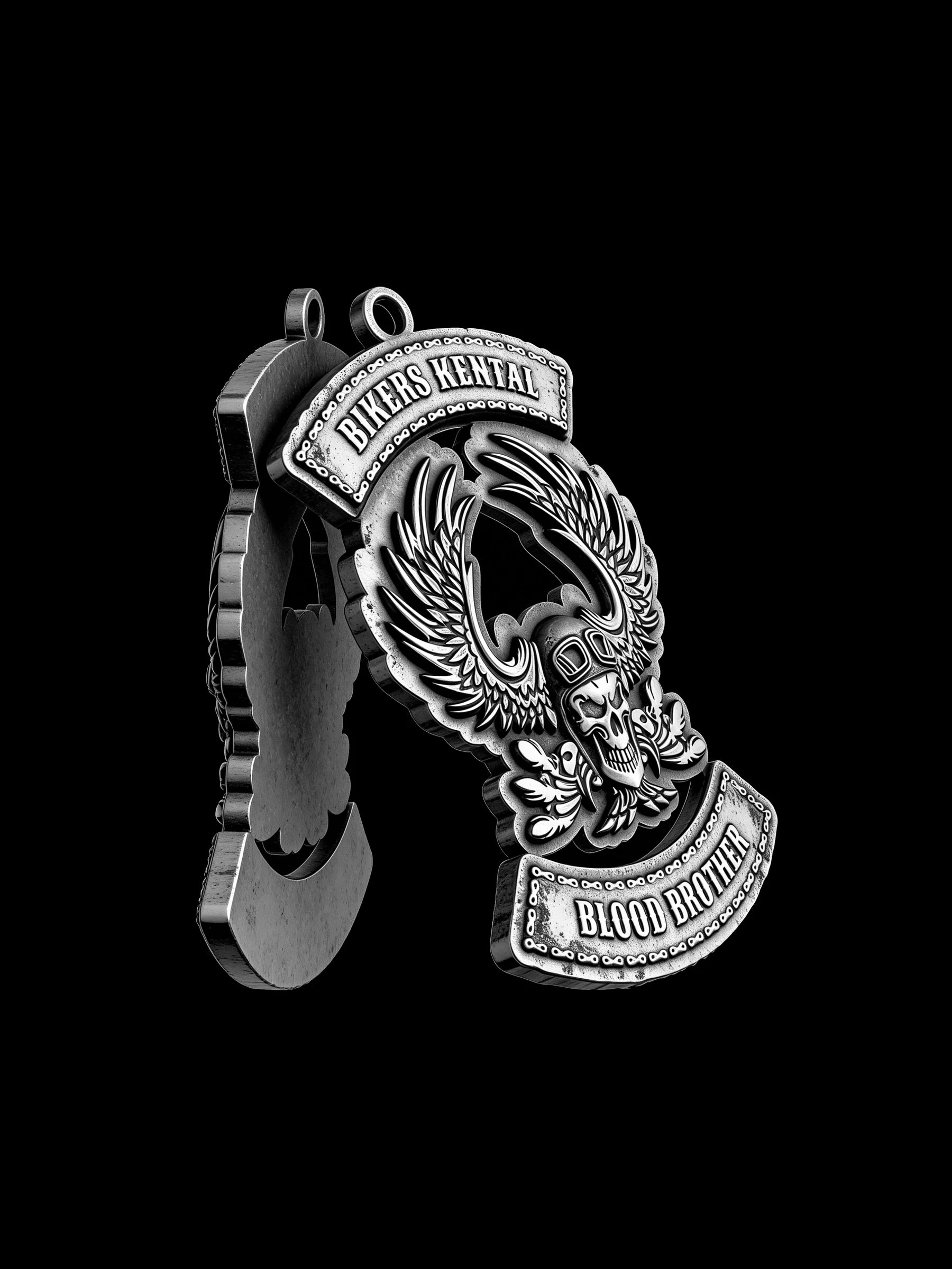 Custom flaming winged skull motorcycle club pendant craftsmanship reference, with chain