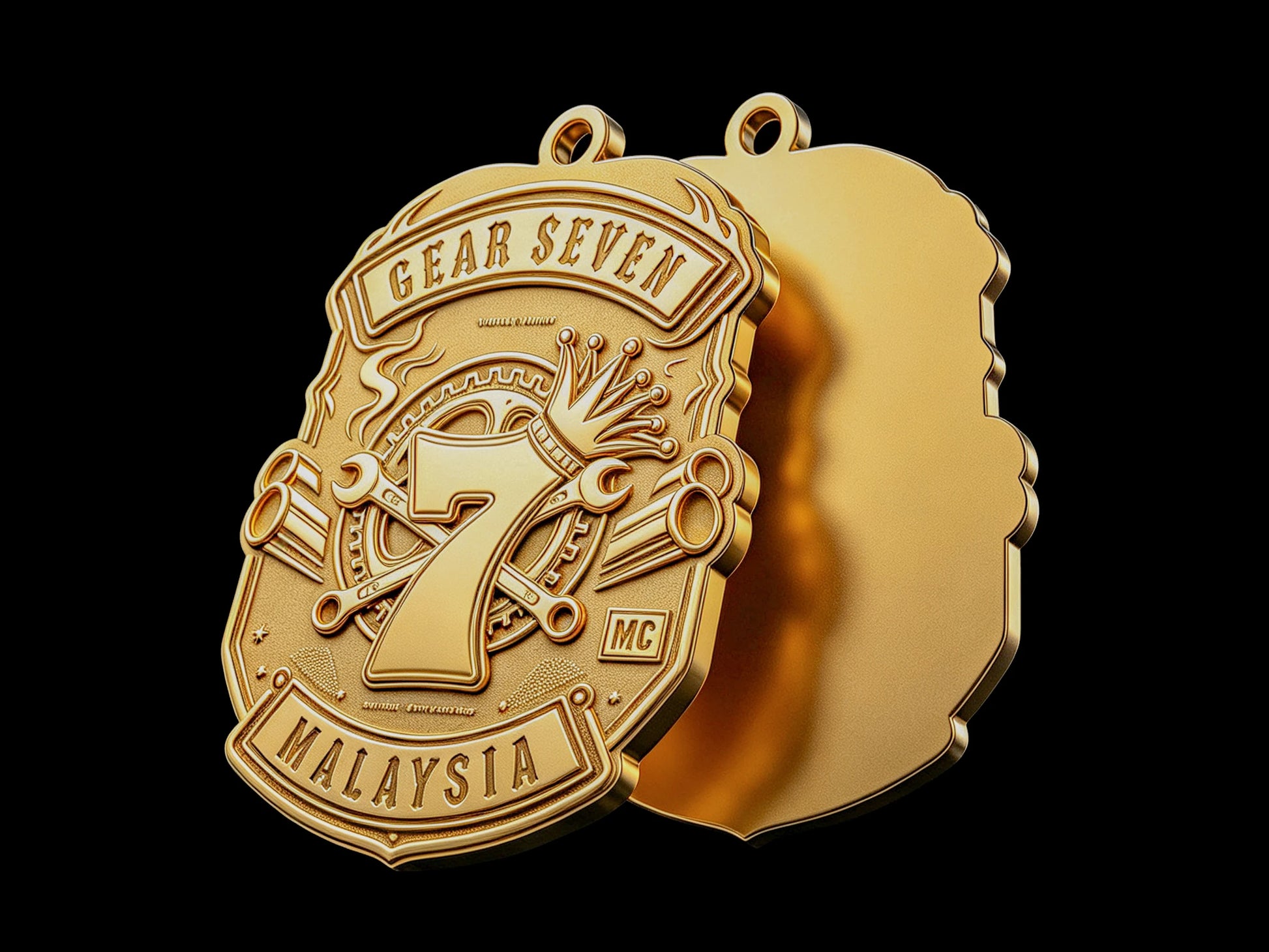 Custom gear number seven motorcycle club pendant craftsmanship reference, back and front