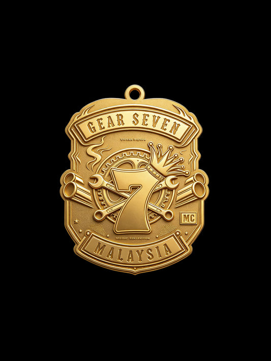Custom gear number seven motorcycle club pendant craftsmanship reference, front view