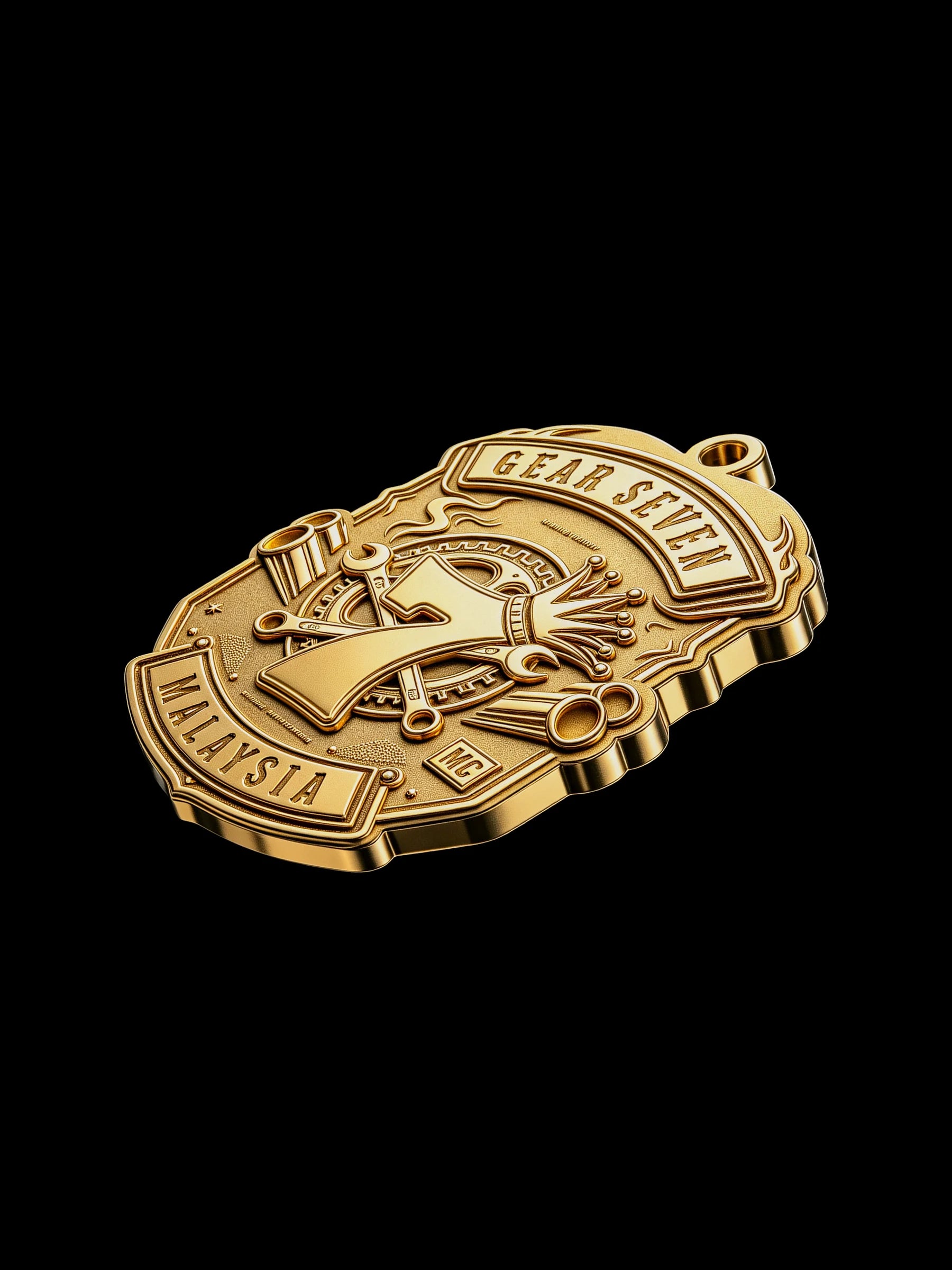 Custom gear number seven motorcycle club pendant craftsmanship reference, left angle