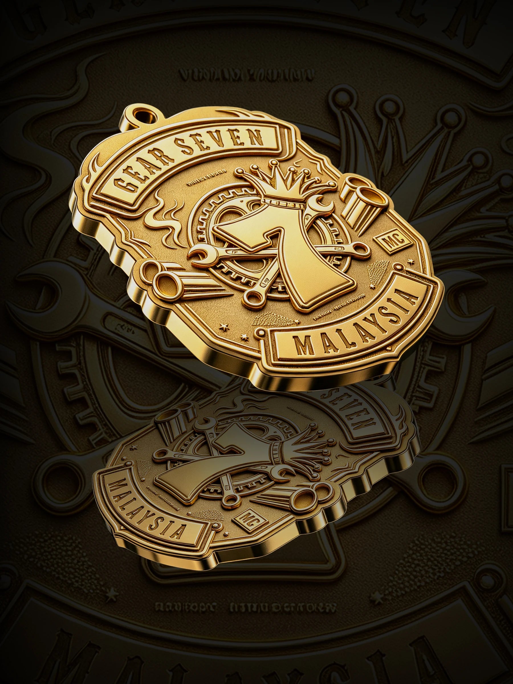 Custom gear number seven motorcycle club pendant craftsmanship reference, paired display