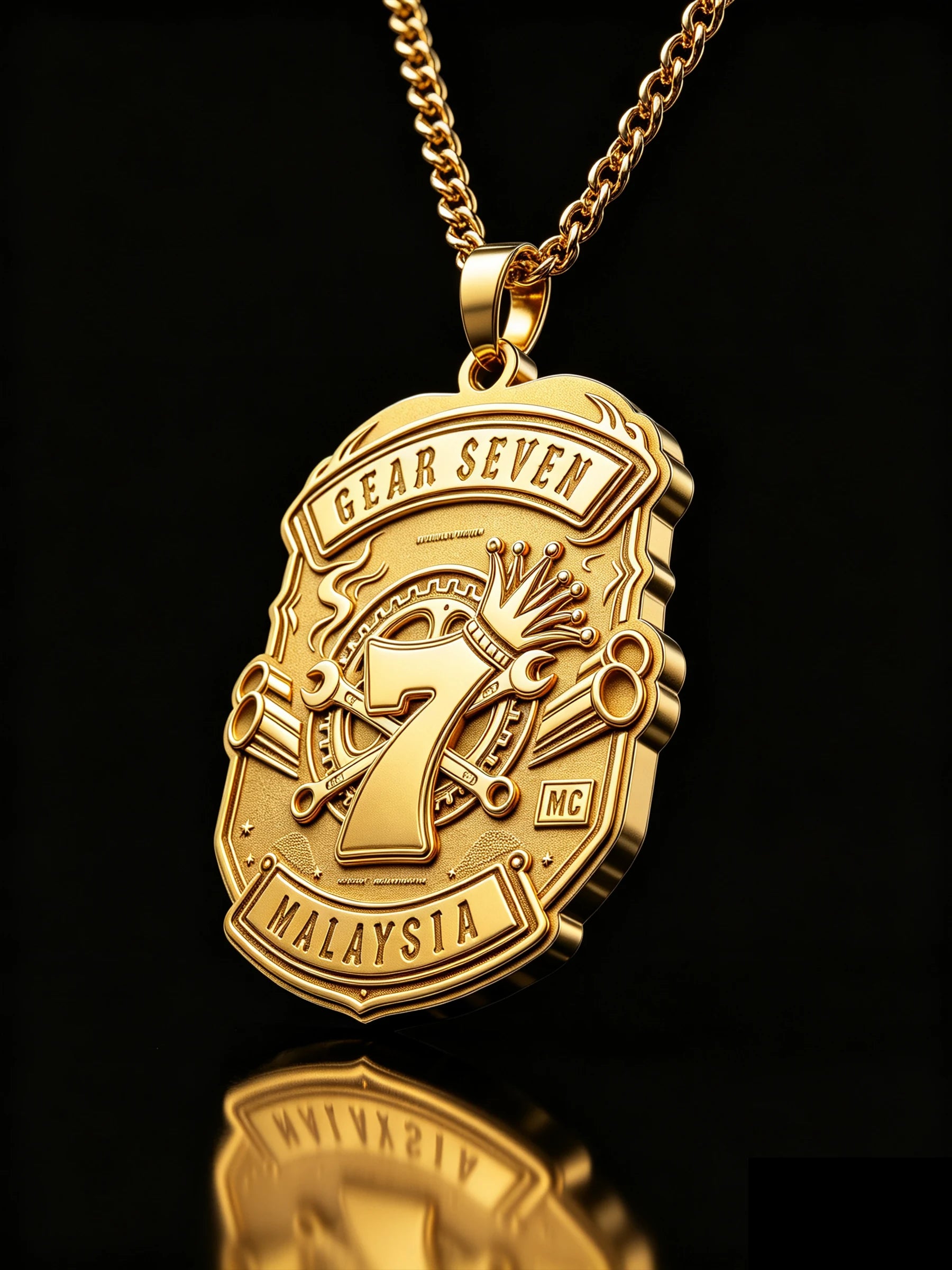 Custom gear number seven motorcycle club pendant craftsmanship reference, raised relief detail