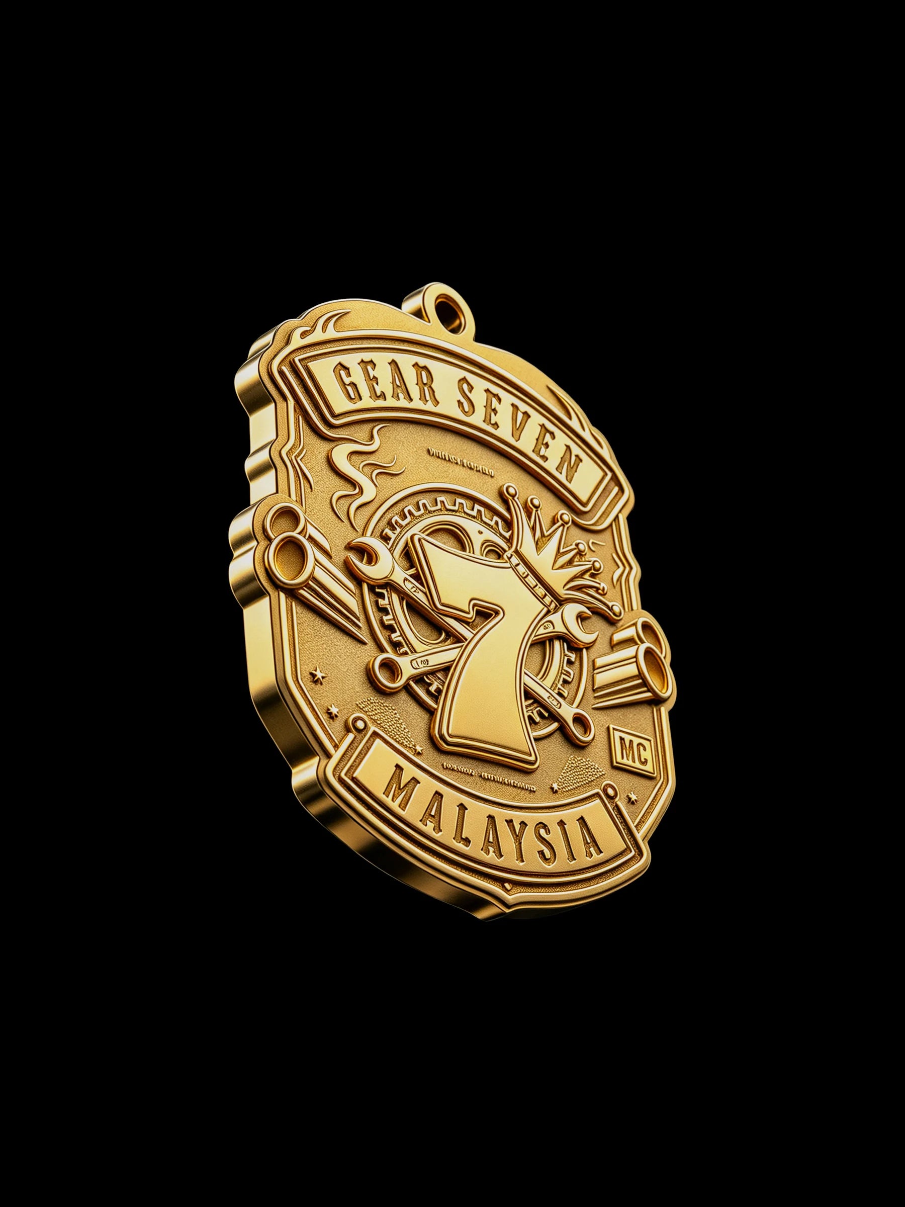 Custom gear number seven motorcycle club pendant craftsmanship reference, right angle