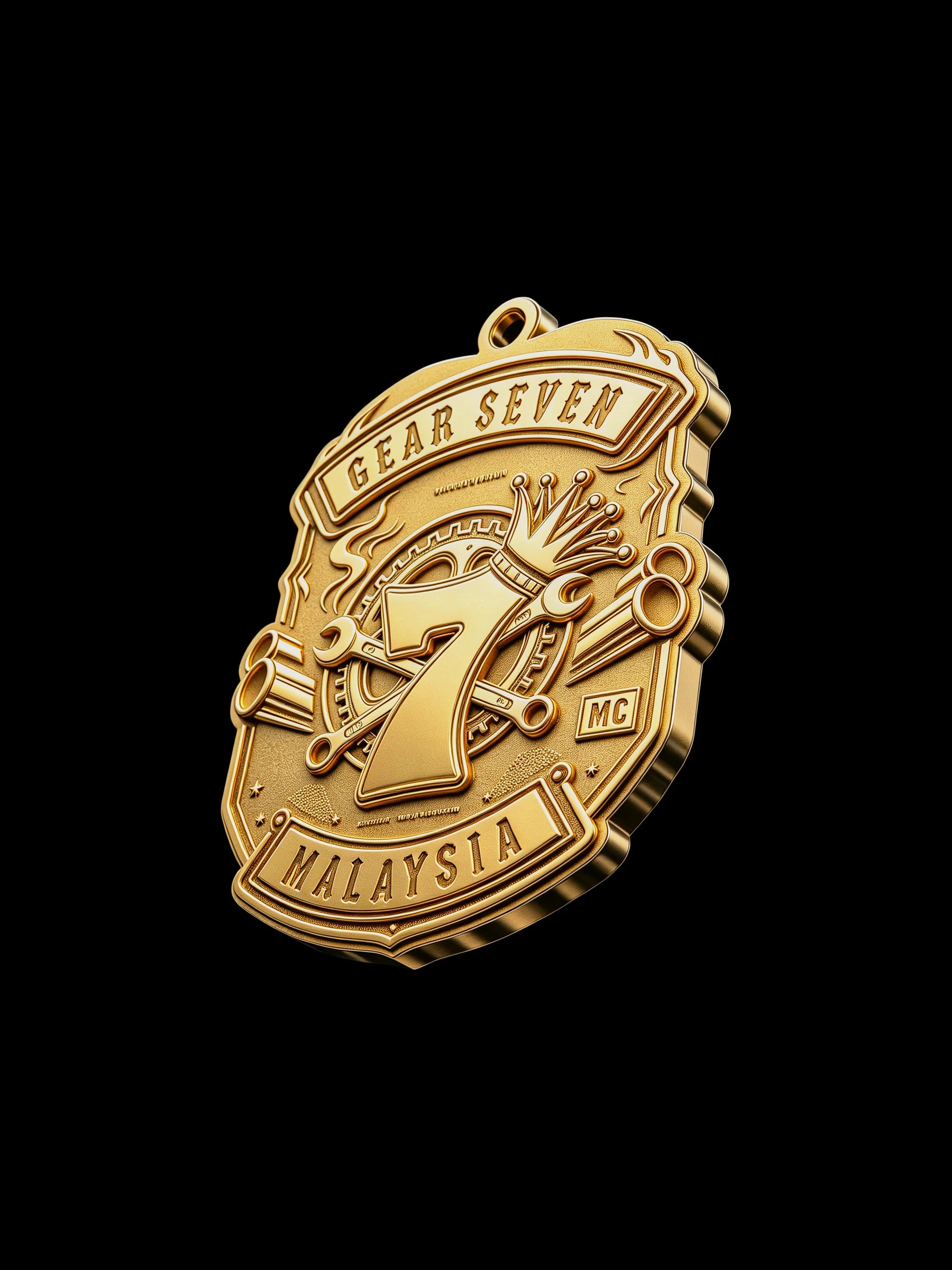 Custom gear number seven motorcycle club pendant craftsmanship reference, three quarter view