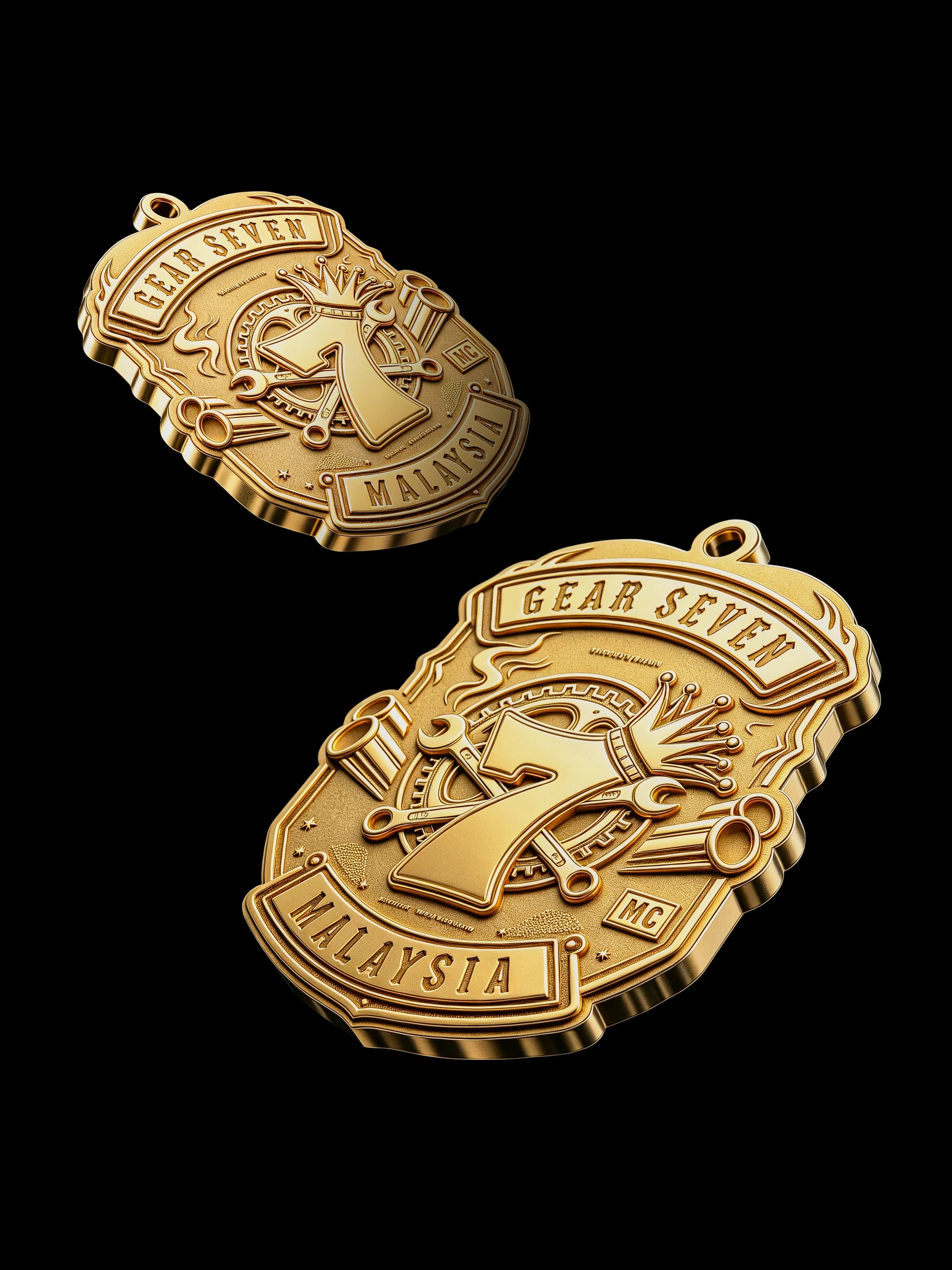 Custom gear number seven motorcycle club pendant craftsmanship reference, with chain