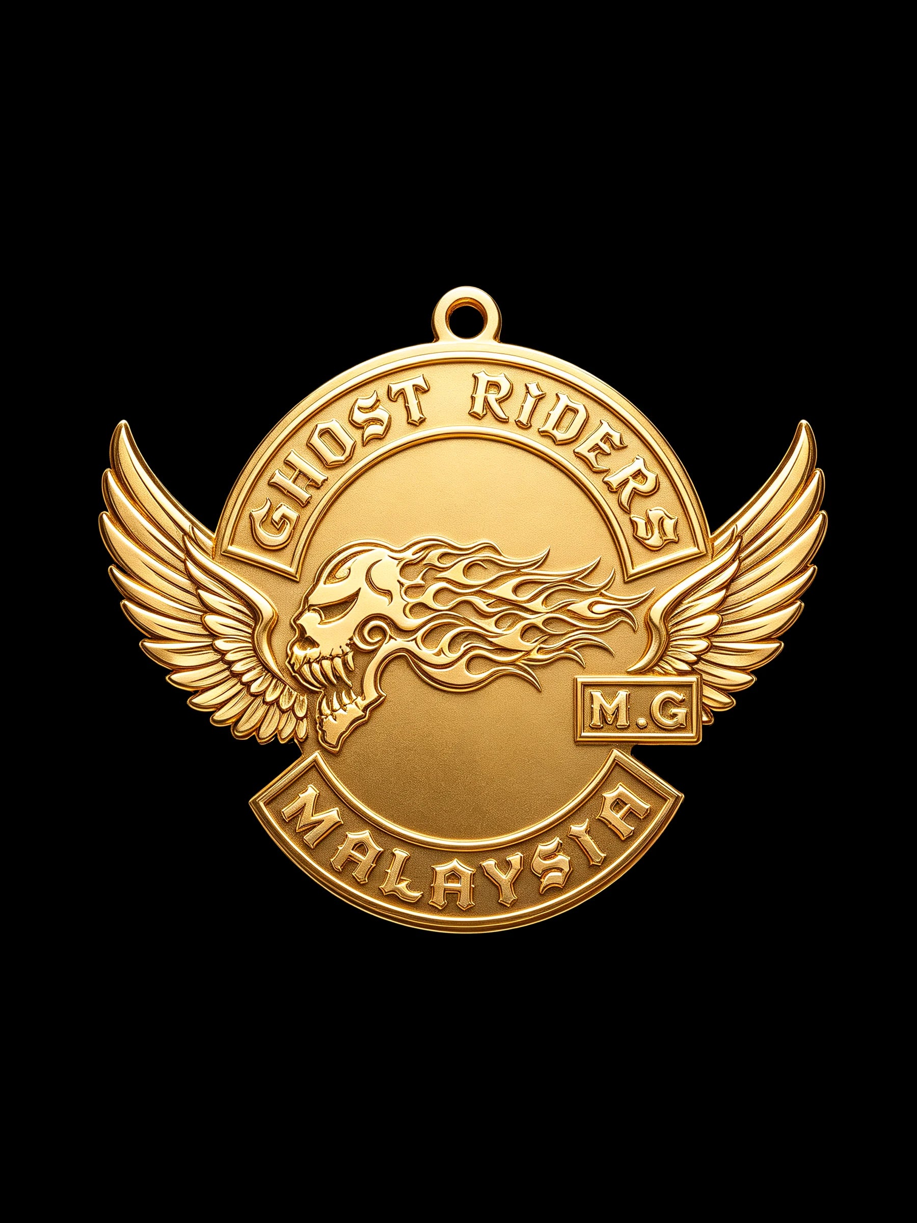 Custom ghost flame skull motorcycle club pendant craftsmanship reference, front view