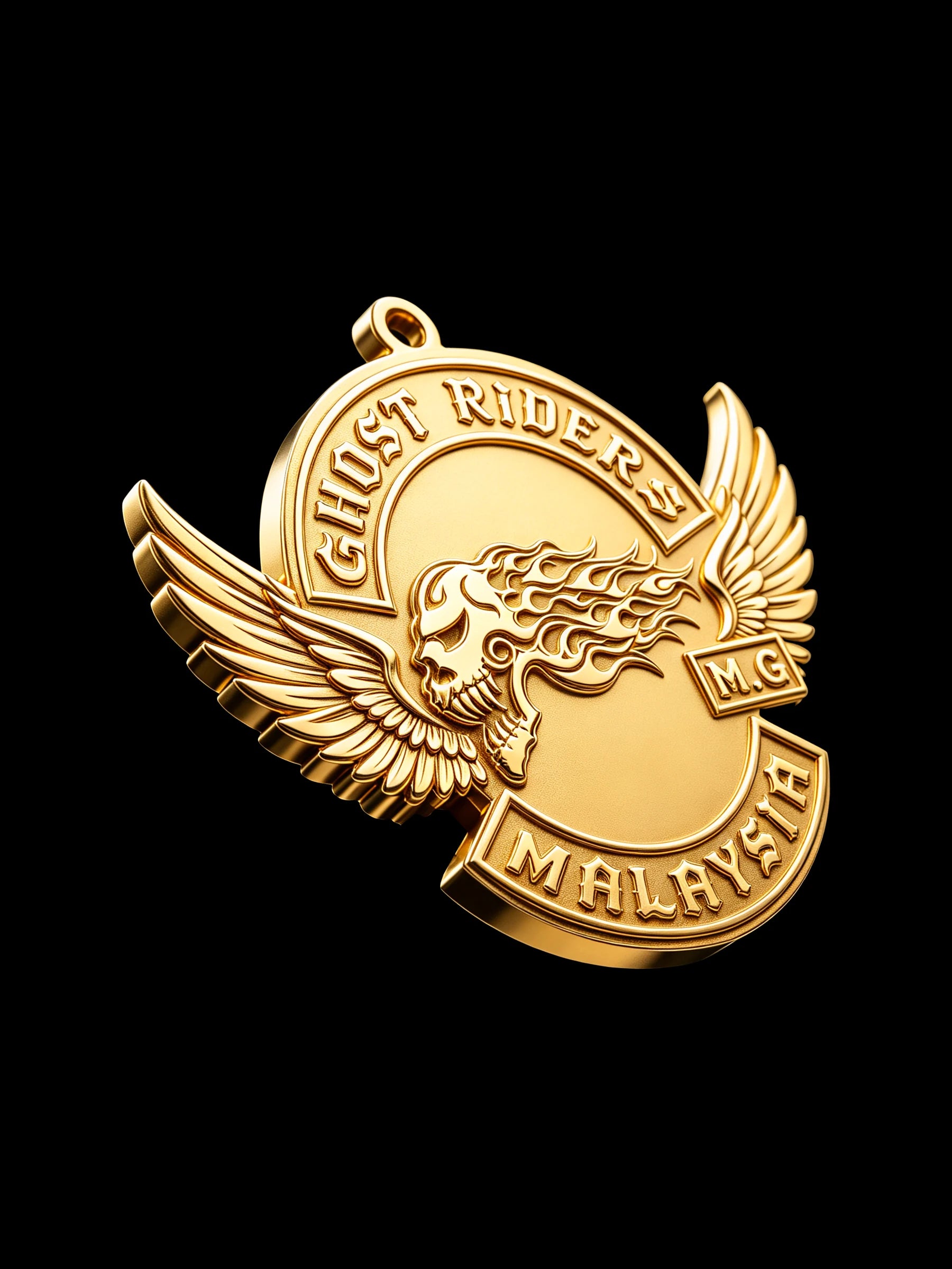 Custom ghost flame skull motorcycle club pendant craftsmanship reference, left angle