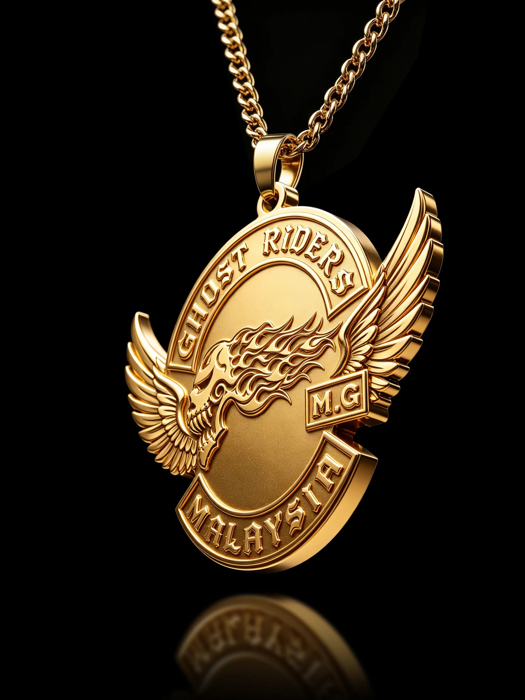 Custom ghost flame skull motorcycle club pendant craftsmanship reference, raised relief detail