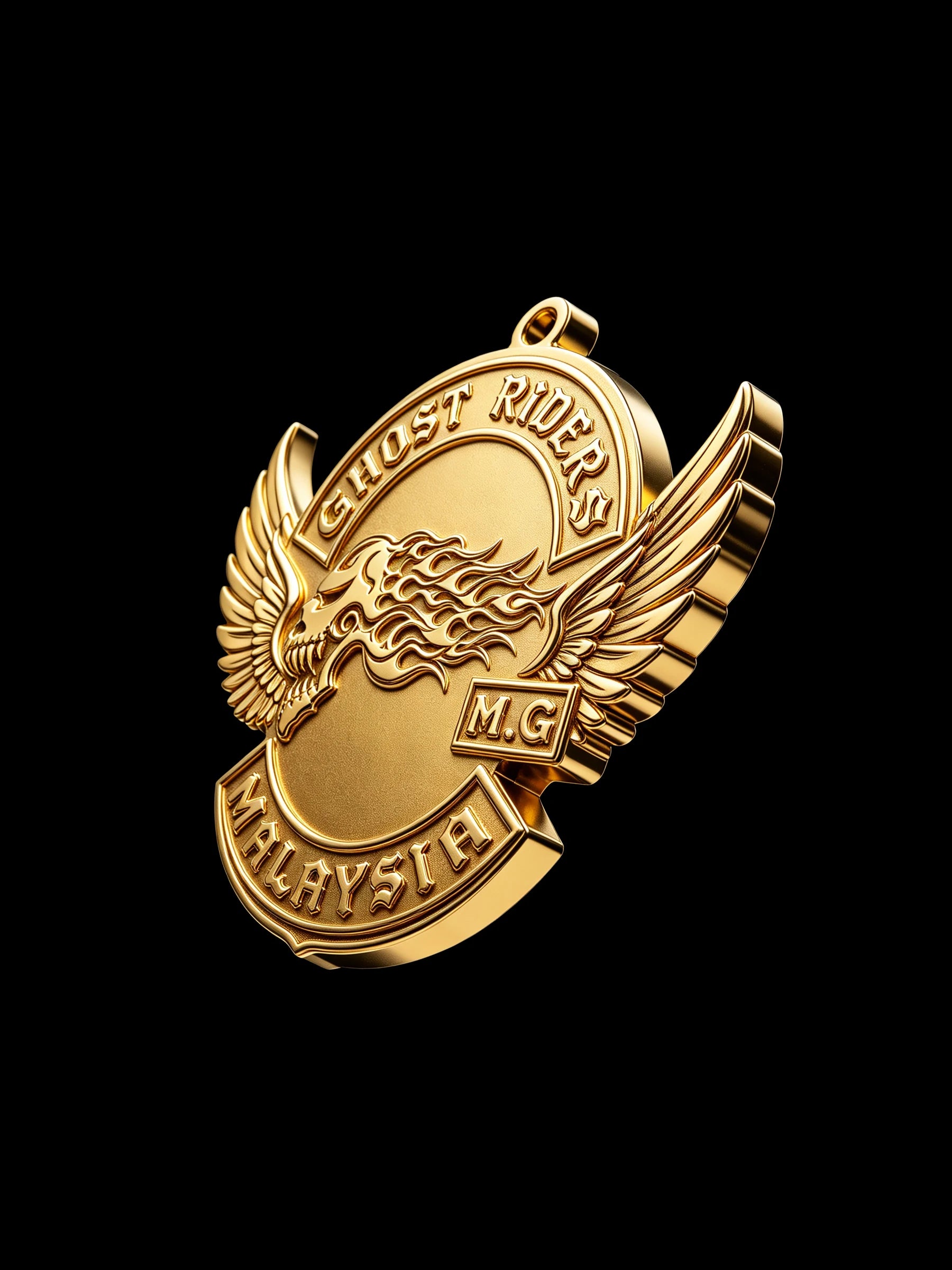 Custom ghost flame skull motorcycle club pendant craftsmanship reference, right angle