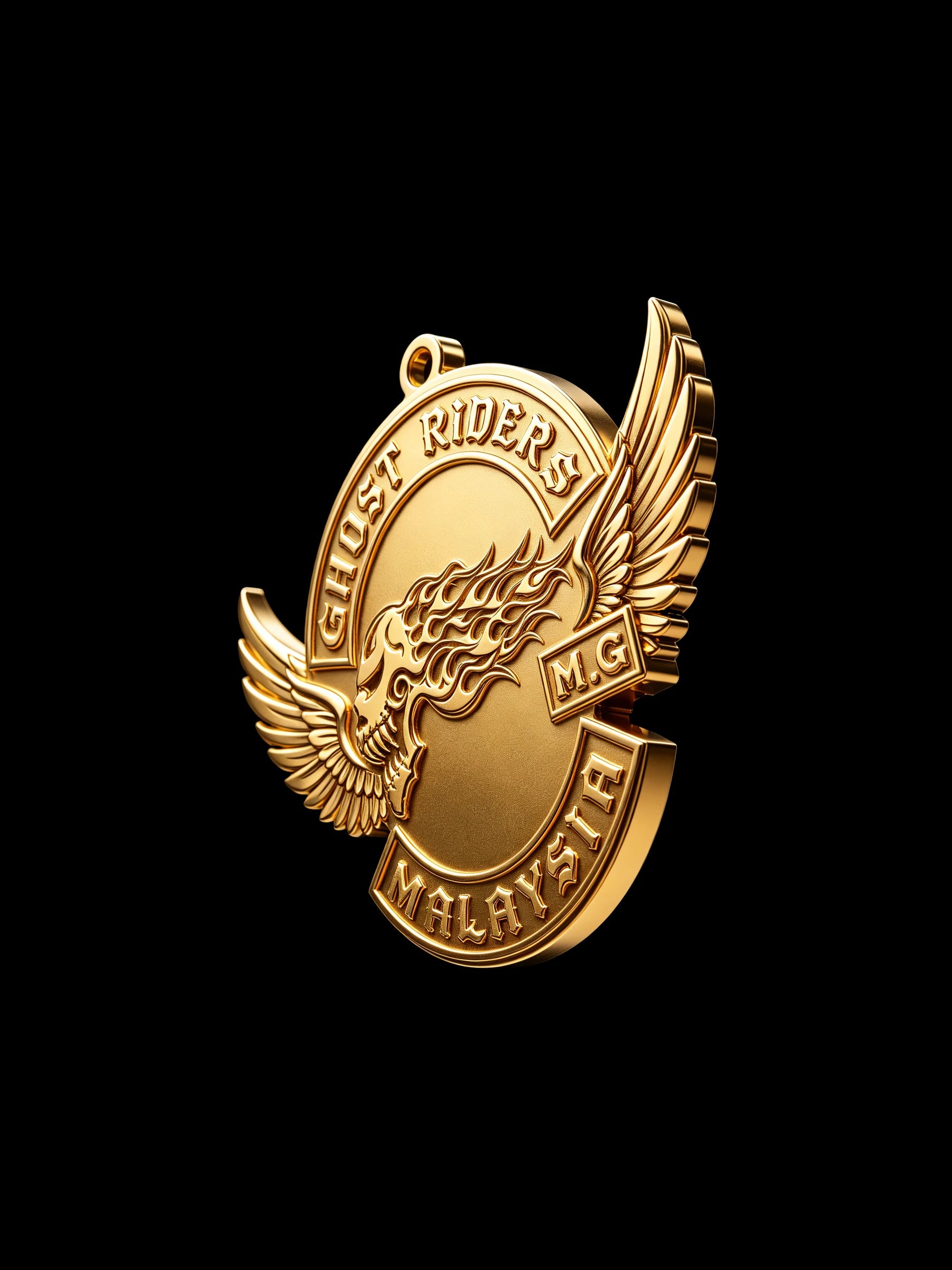 Custom ghost flame skull motorcycle club pendant craftsmanship reference, side profile