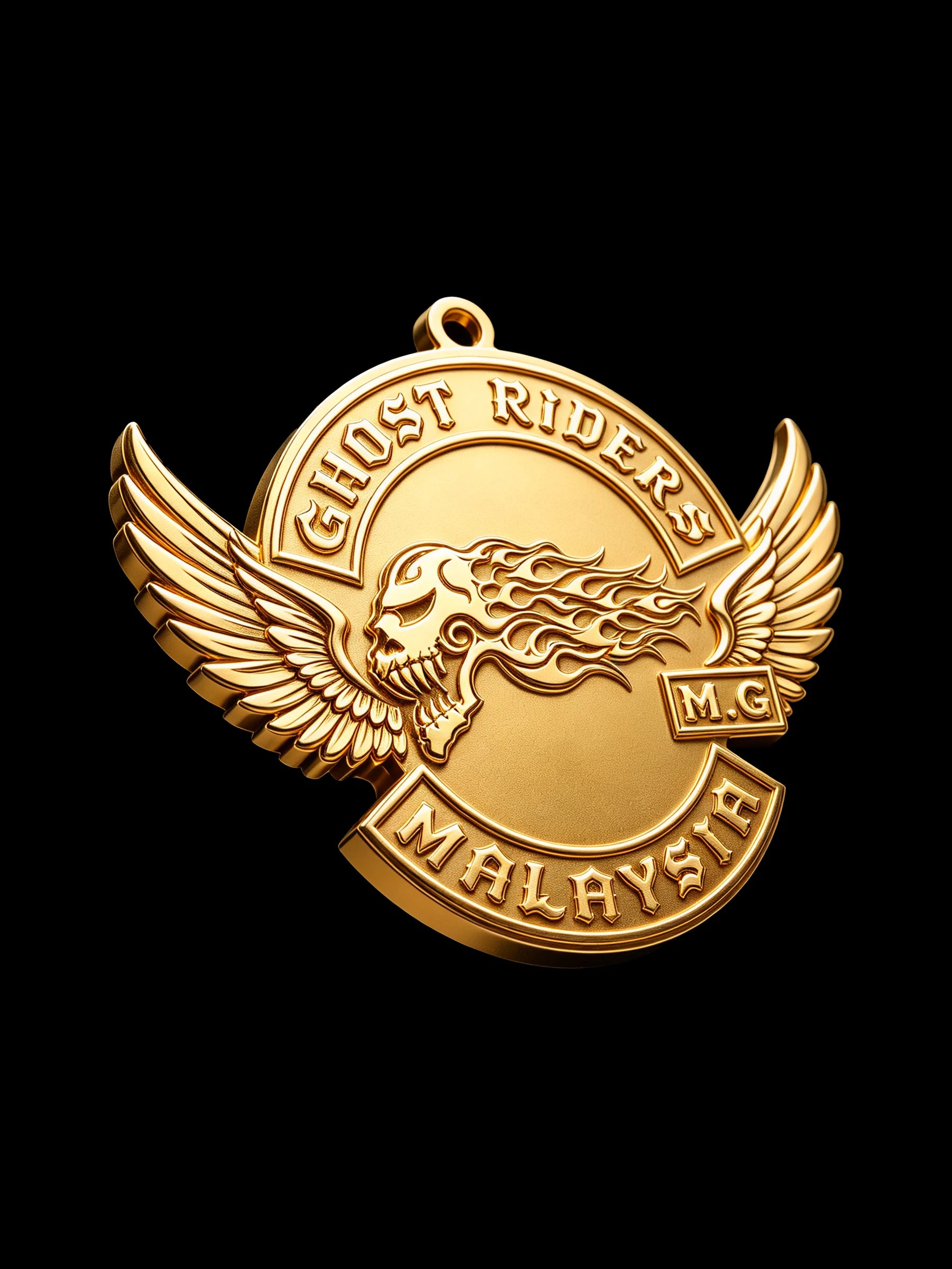 Custom ghost flame skull motorcycle club pendant craftsmanship reference, three quarter view