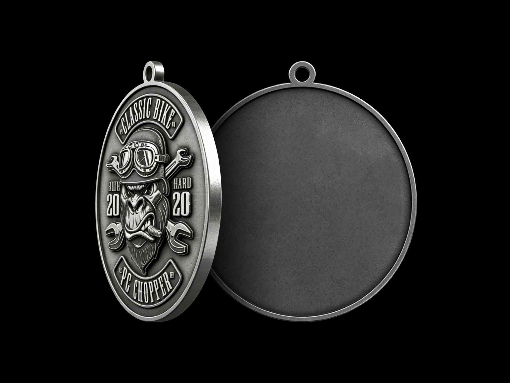 Custom helmeted gorilla motorcycle club pendant craftsmanship reference, back and front