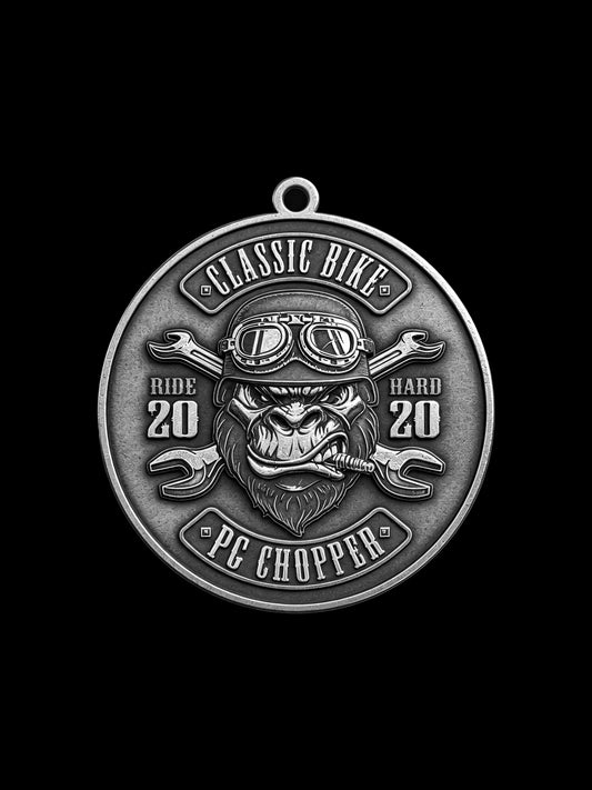 Custom helmeted gorilla motorcycle club pendant craftsmanship reference, front view