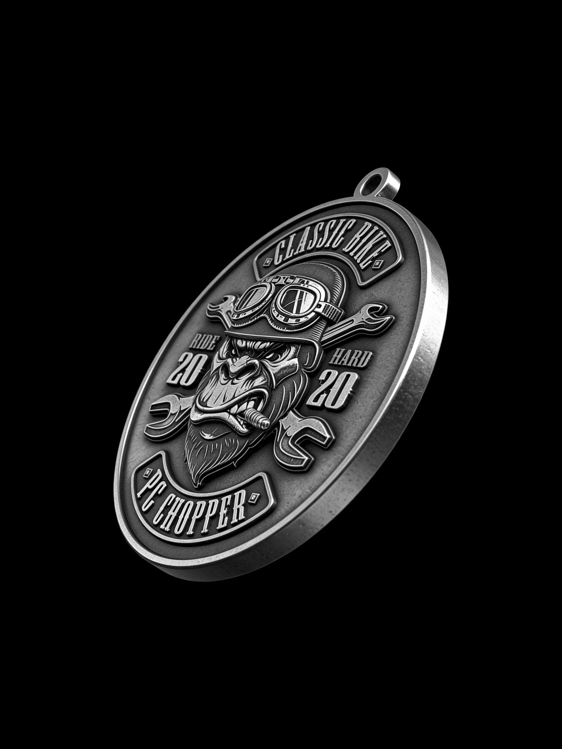 Custom helmeted gorilla motorcycle club pendant craftsmanship reference, left angle