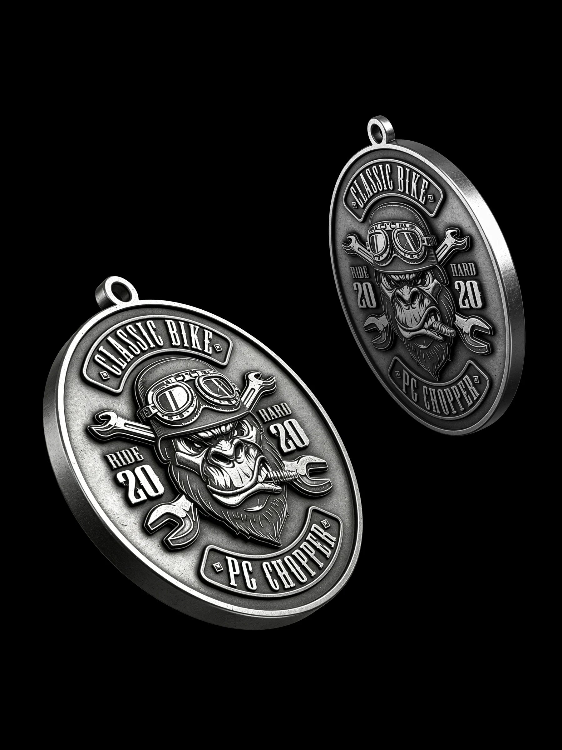 Custom helmeted gorilla motorcycle club pendant craftsmanship reference, paired display
