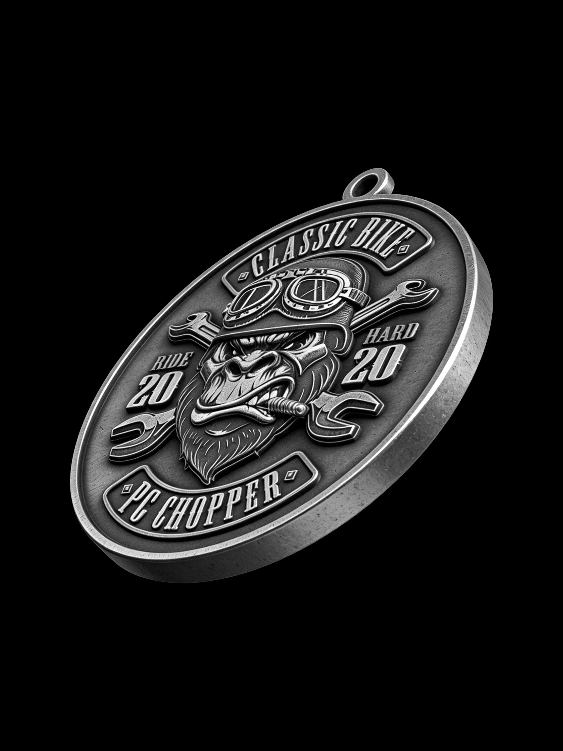 Custom helmeted gorilla motorcycle club pendant craftsmanship reference, raised relief detail