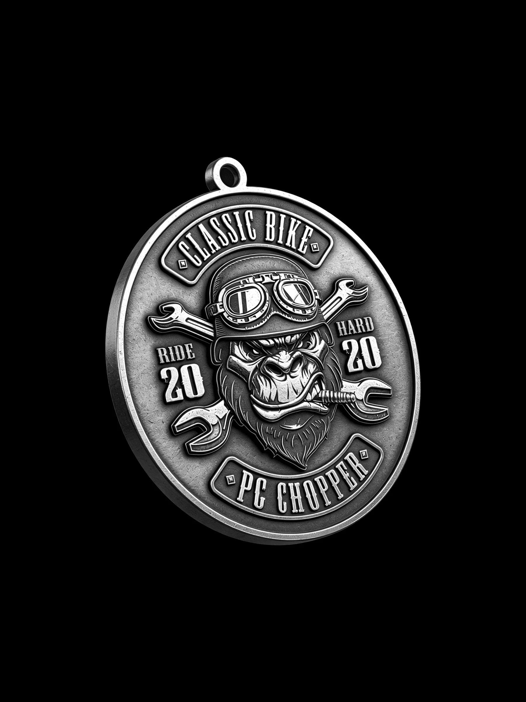 Custom helmeted gorilla motorcycle club pendant craftsmanship reference, right angle