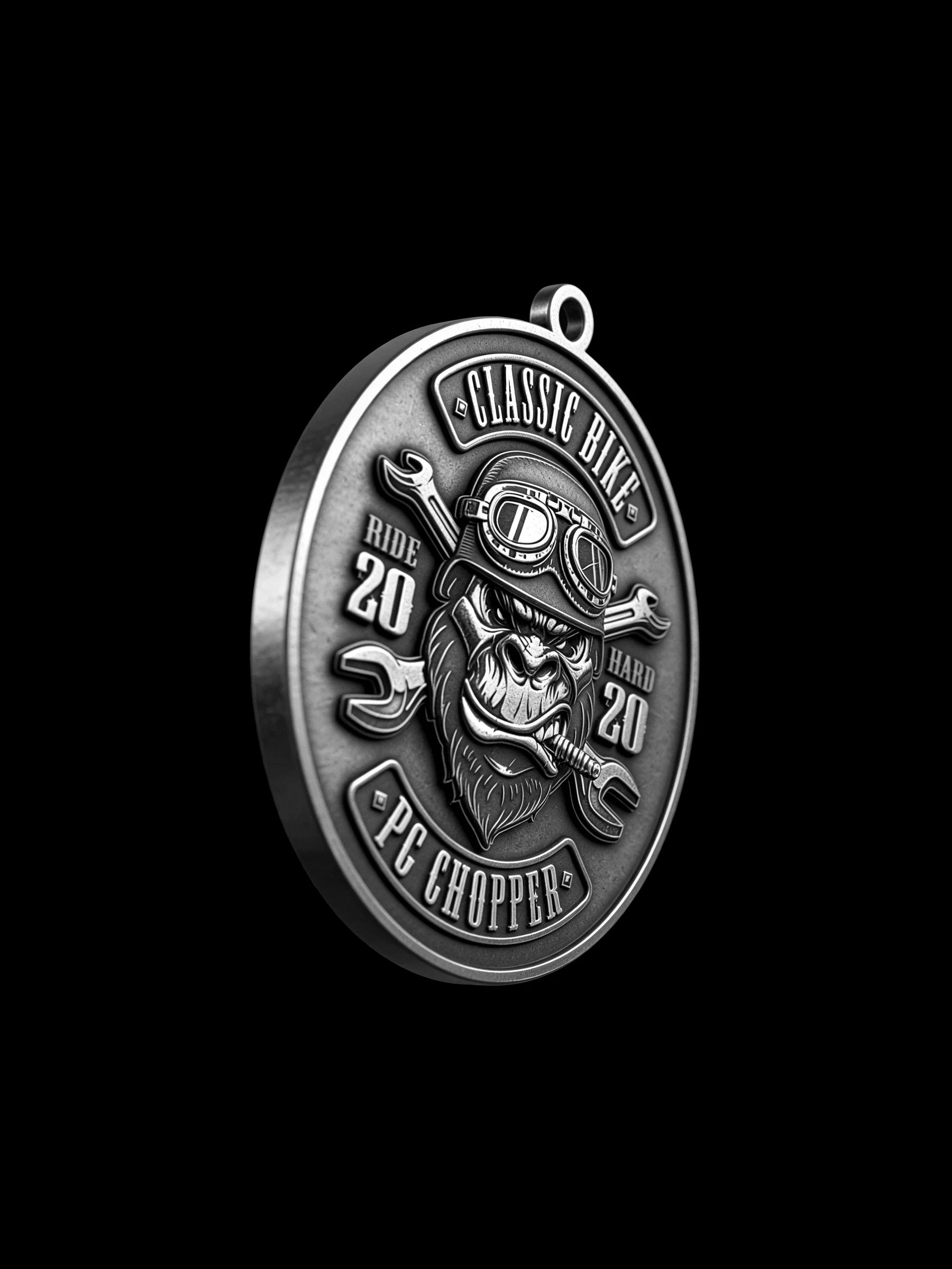 Custom helmeted gorilla motorcycle club pendant craftsmanship reference, side profile