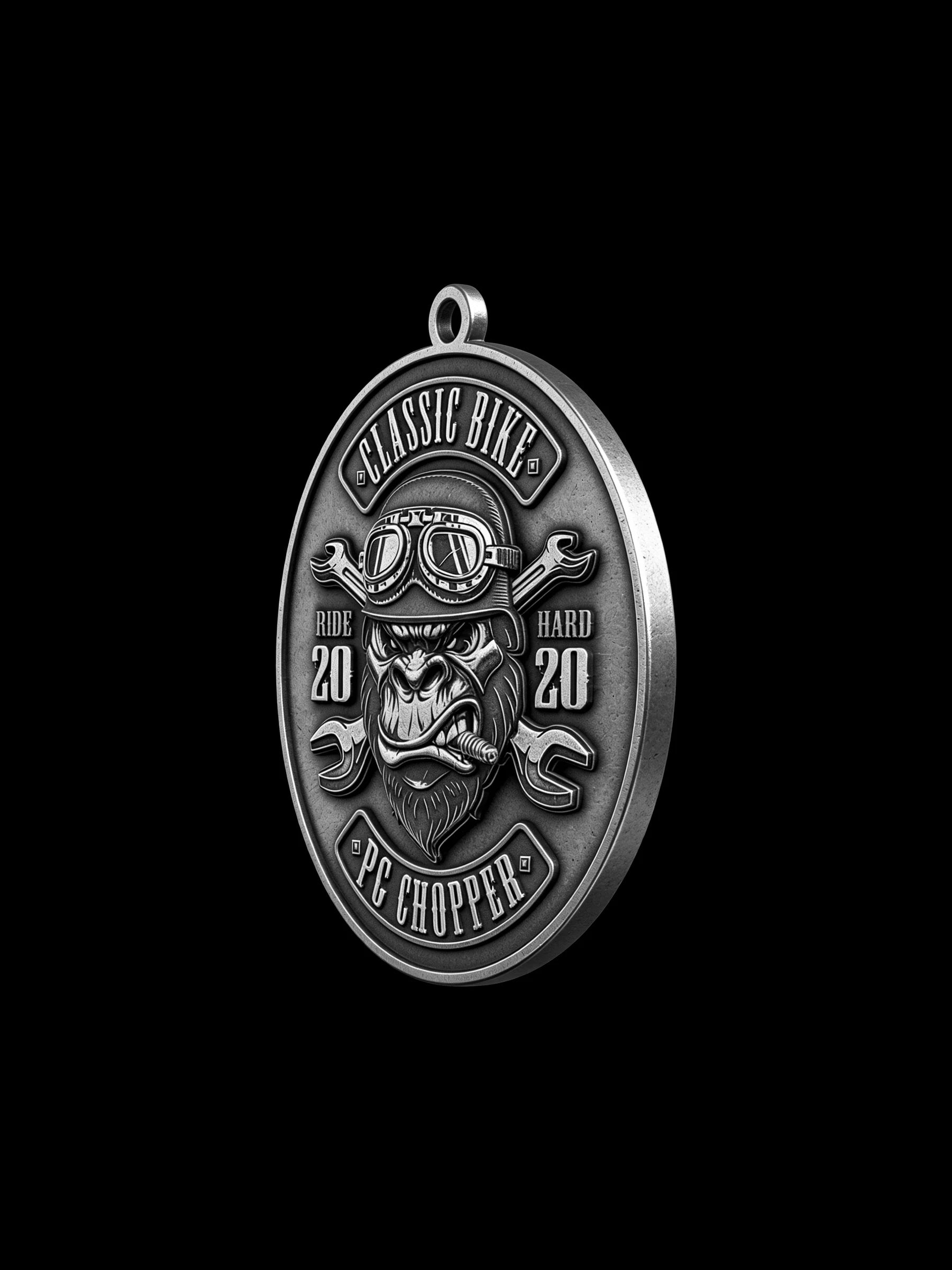 Custom helmeted gorilla motorcycle club pendant craftsmanship reference, three quarter view