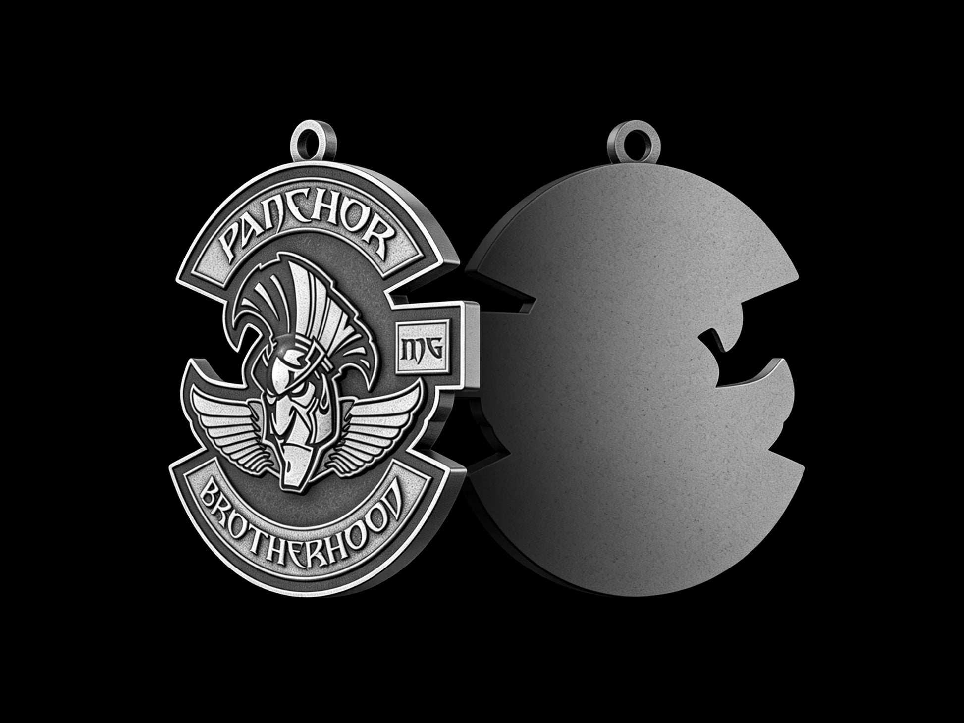 Custom horned bull motorcycle club pendant craftsmanship reference, back and front