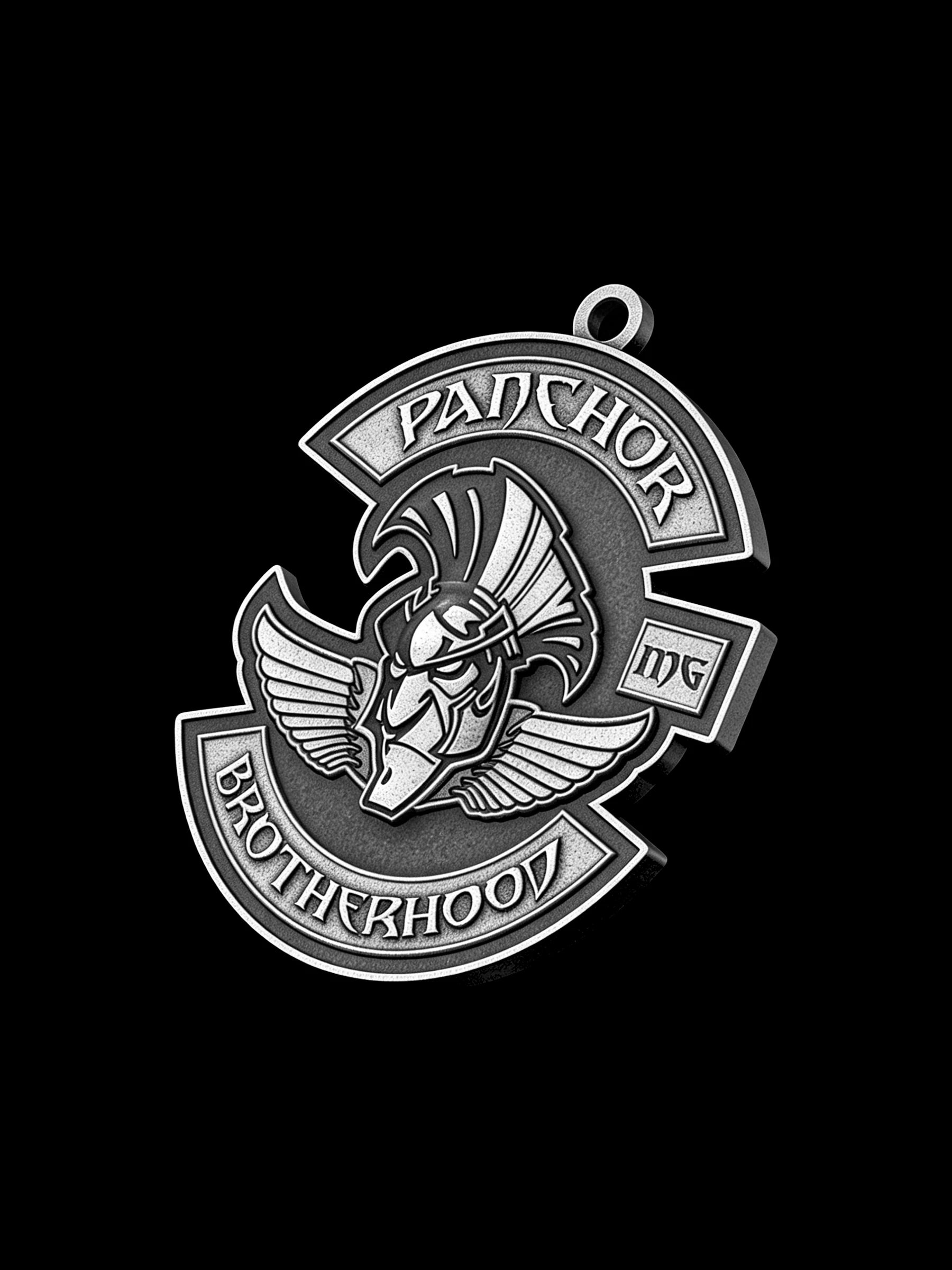 Custom horned bull motorcycle club pendant craftsmanship reference, left angle