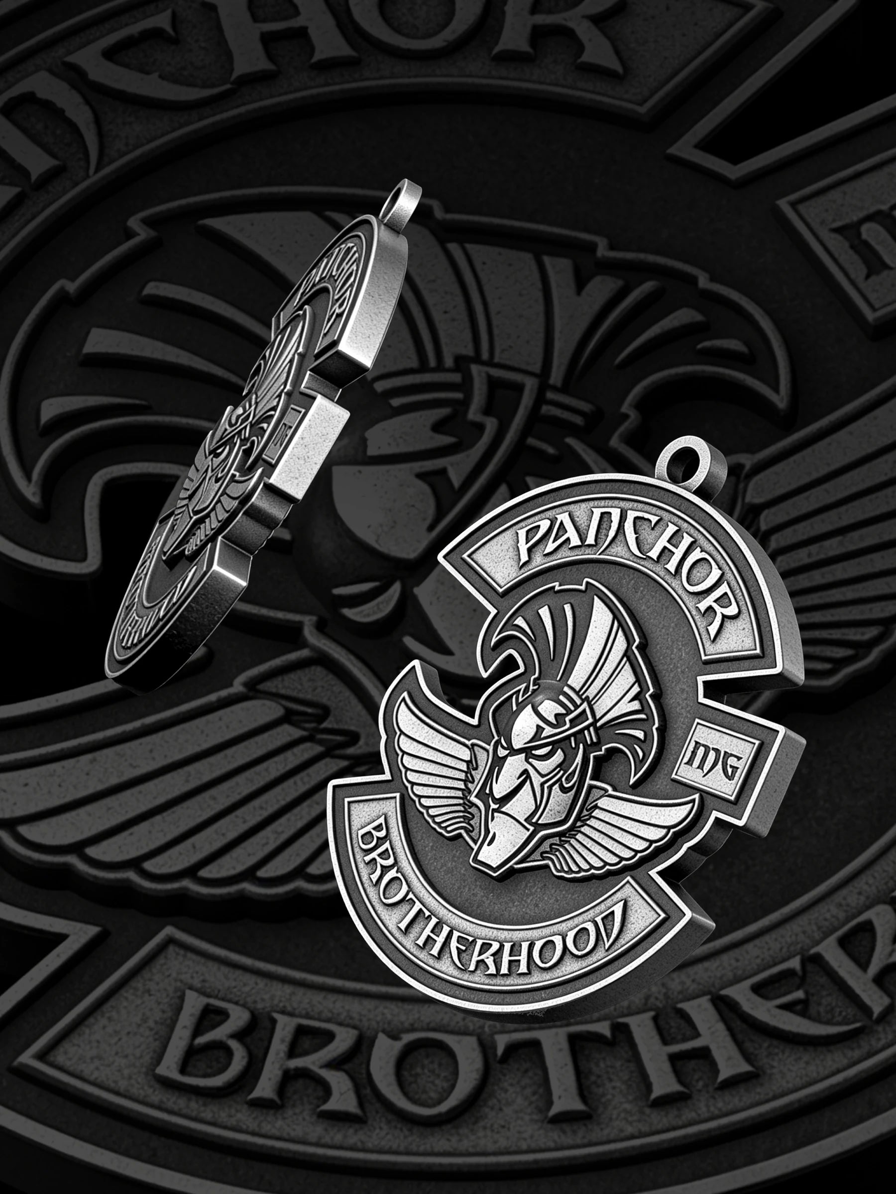Custom horned bull motorcycle club pendant craftsmanship reference, paired display